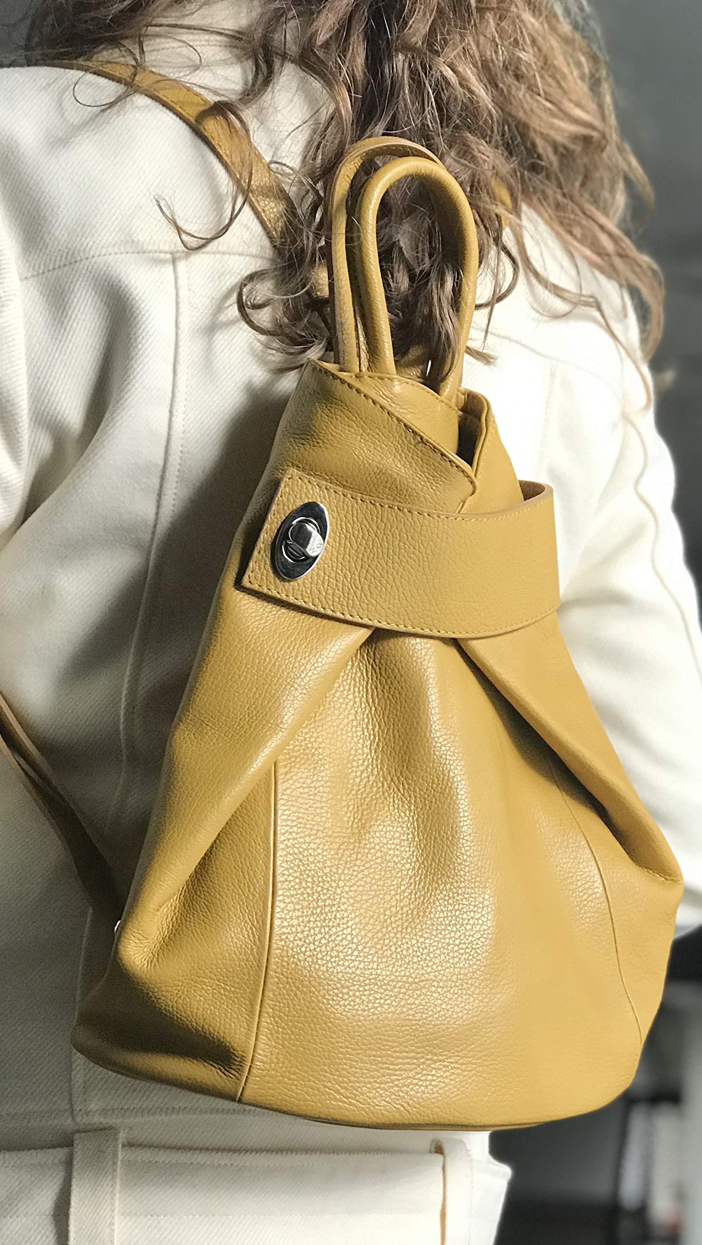 Stella Convertible Leather Backpack Purse for Women - Stylish Dark Mustard Yellow Travel Tote Bag | Perfect for Work, School & Weekend Getaways