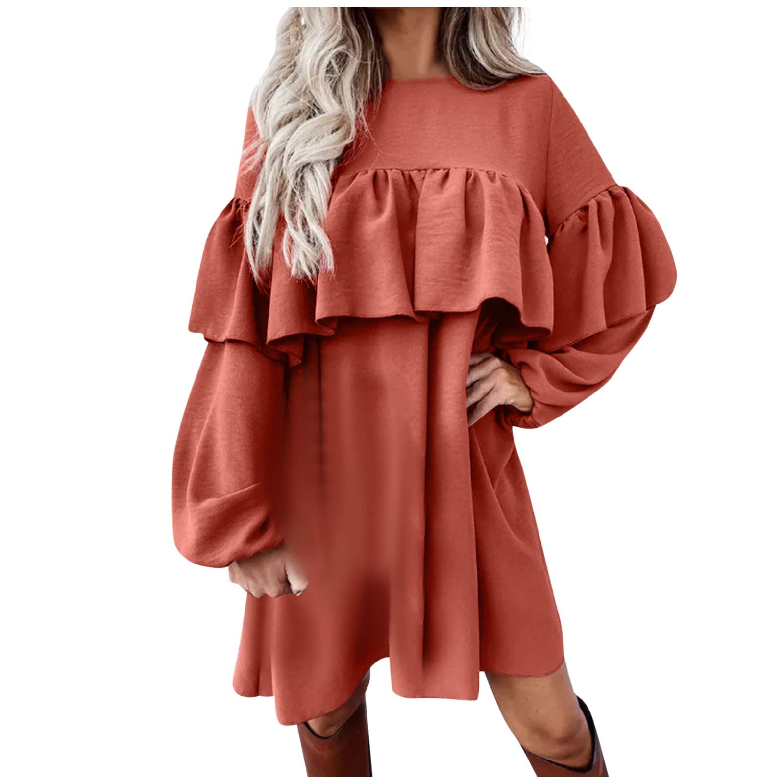 Women's Solid Color Long Sleeve Pleated Dress - Loose Waist Sexy Travel Outfit for Casual & Formal Occasions | Perfect for Vacations, Dates & Office Wear 2023