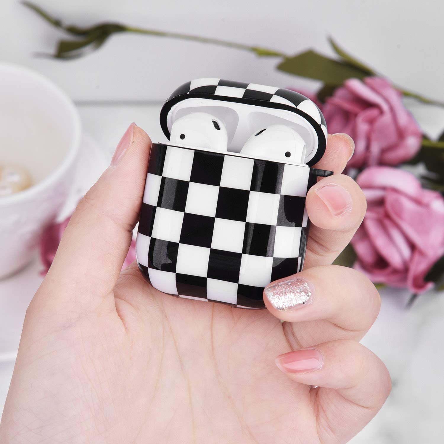 Cute Marble Protective Case Cover with Keychain for Apple AirPods 1/2/Pro - Compatible with Wireless Charging, Stylish Durable Skin for Men & Women (Black White Checkers) - Perfect for Travel, Gym & Daily Use