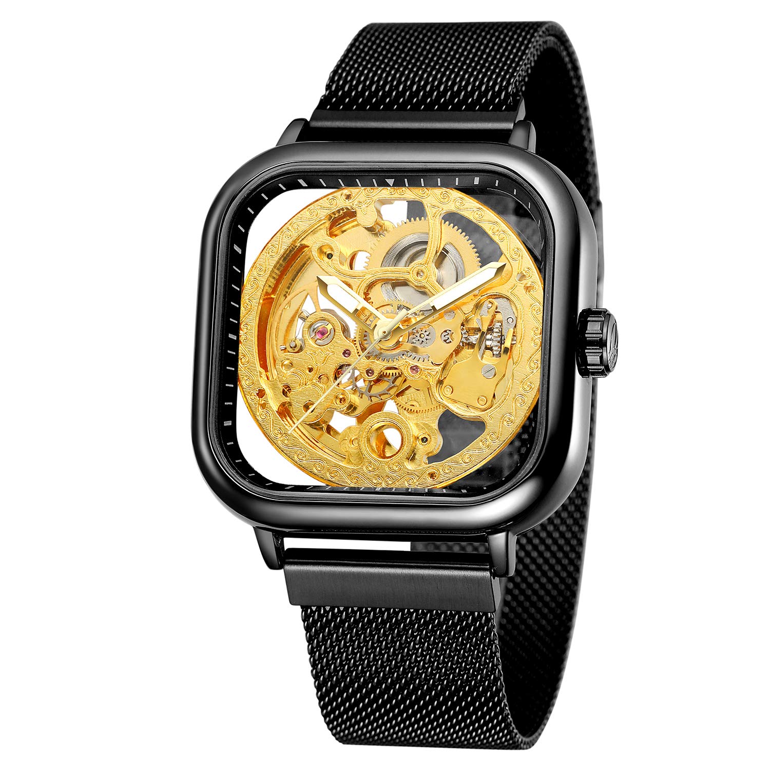 FORSINING Men's Automatic Mechanical Skeleton Watch with Flower Movement - Stainless Steel Case & Transparent Dial - Waterproof Dress Watch for Business, Party & Formal Occasions