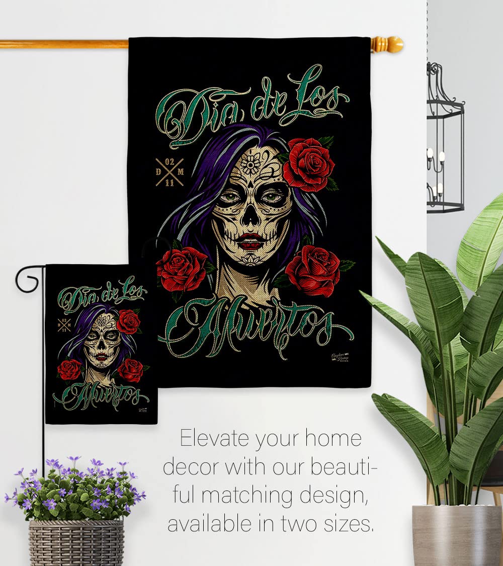 La Catrina Rose Burlap Garden House Flag Kit - Double-Sided Fall Day of the Dead Decor | Dia De Los Muertos Fiesta Mexican Party Banner | Autumn Yard Decoration | Made in USA | Perfect for Halloween, Thanksgiving & Outdoor Seasonal Displays