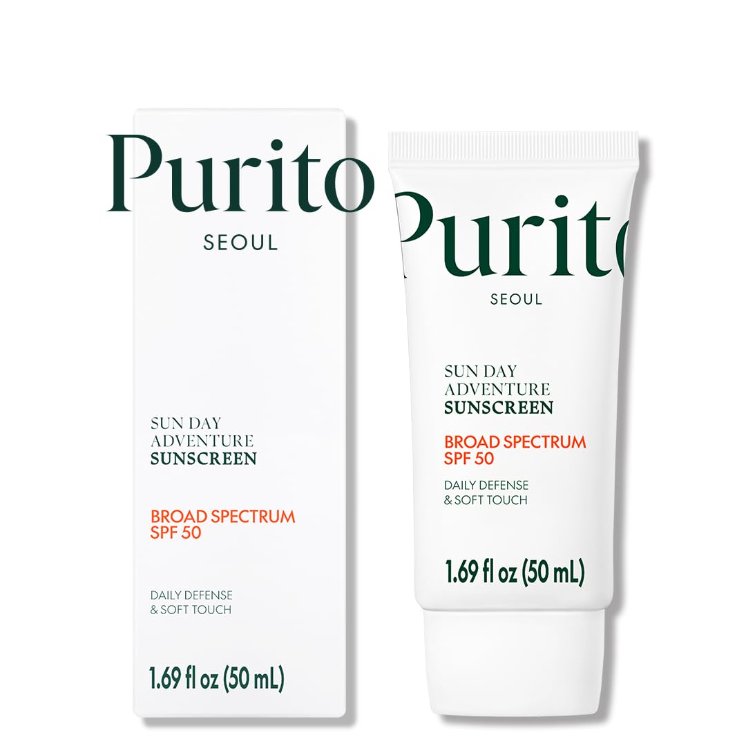 PURITO Sun Day Adventure Korean Sunscreen SPF 50 PA++++ - Broad Spectrum UVA/UVB Protection, Lightweight Non-Greasy Formula, No White Cast, Oil-Free & Vegan - Daily Face Sunscreen for Sensitive Skin (50ml/1.69 fl.oz) - Perfect for Outdoor Activities, Beach Days & Daily Sun Protection