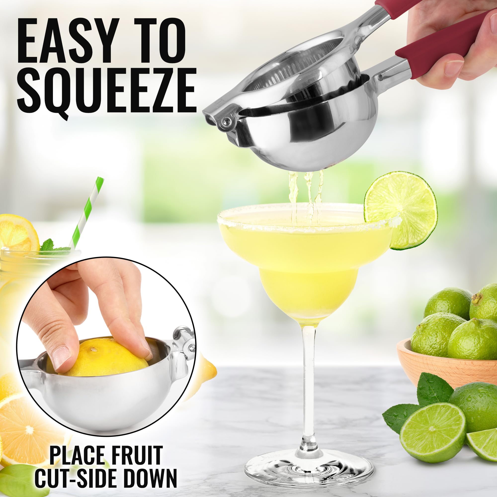 Premium Stainless Steel Lemon Squeezer - Heavy Duty Manual Citrus Juicer with Solid Metal Bowl & Food Grade Silicone Handles - Large Lime & Orange Press (Cranberry) - Perfect for Fresh Juice, Cocktails, Baking & Healthy Drinks