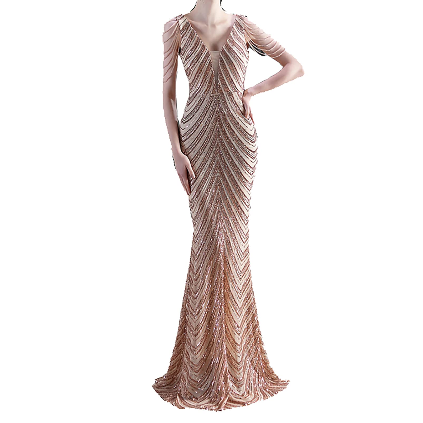 Elegant Silver Sequin Evening Dress for Women - Deep V Neck Beaded Prom Maxi Dress with Long Flowy Skirt | Perfect for Formal Parties, Weddings, and Special Occasions