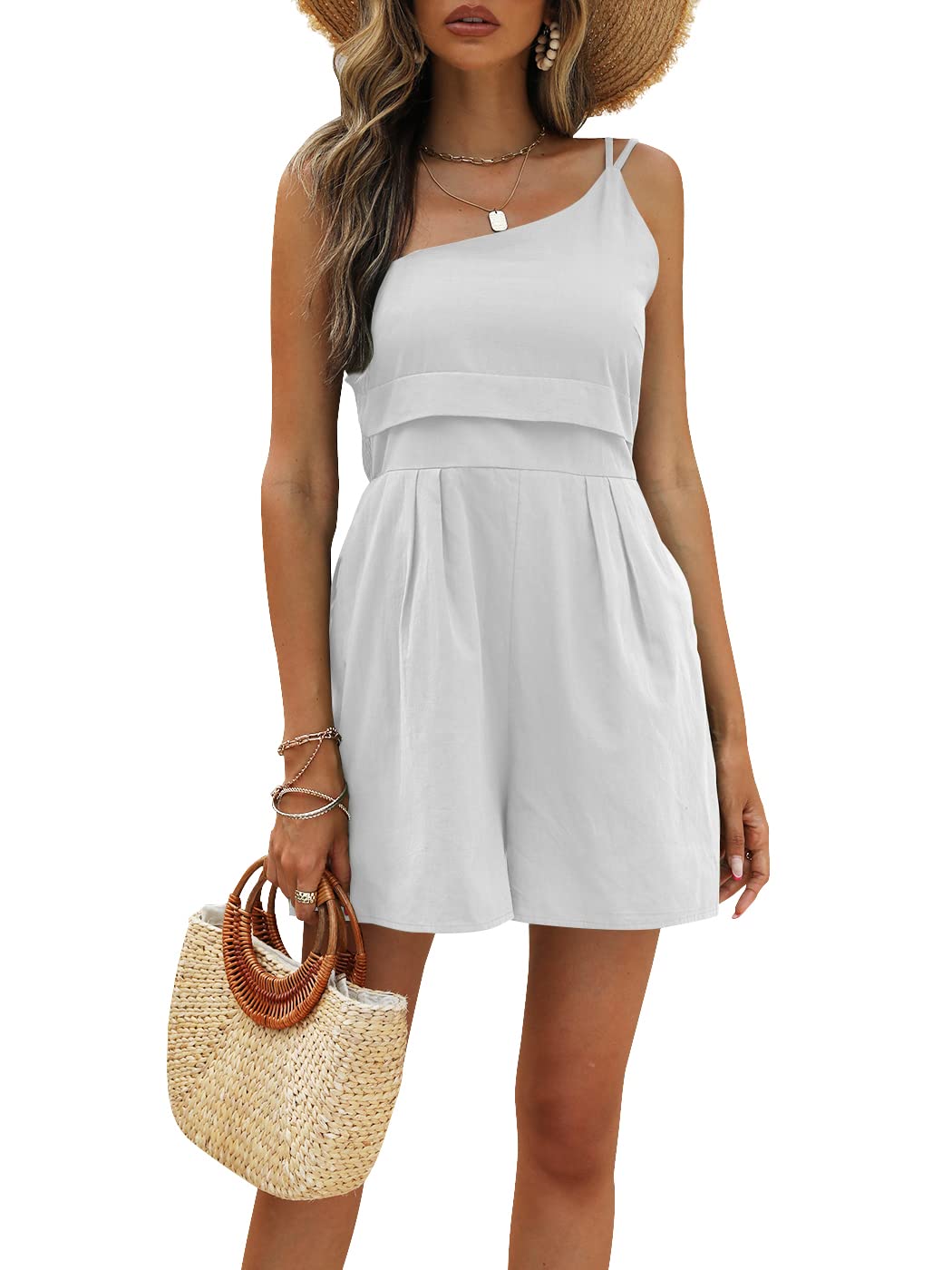 Women's One Shoulder High Waist Short Romper Jumpsuit - Summer Casual Strap Dress with Pockets | Perfect for Beach, Vacation & Outdoor Activities