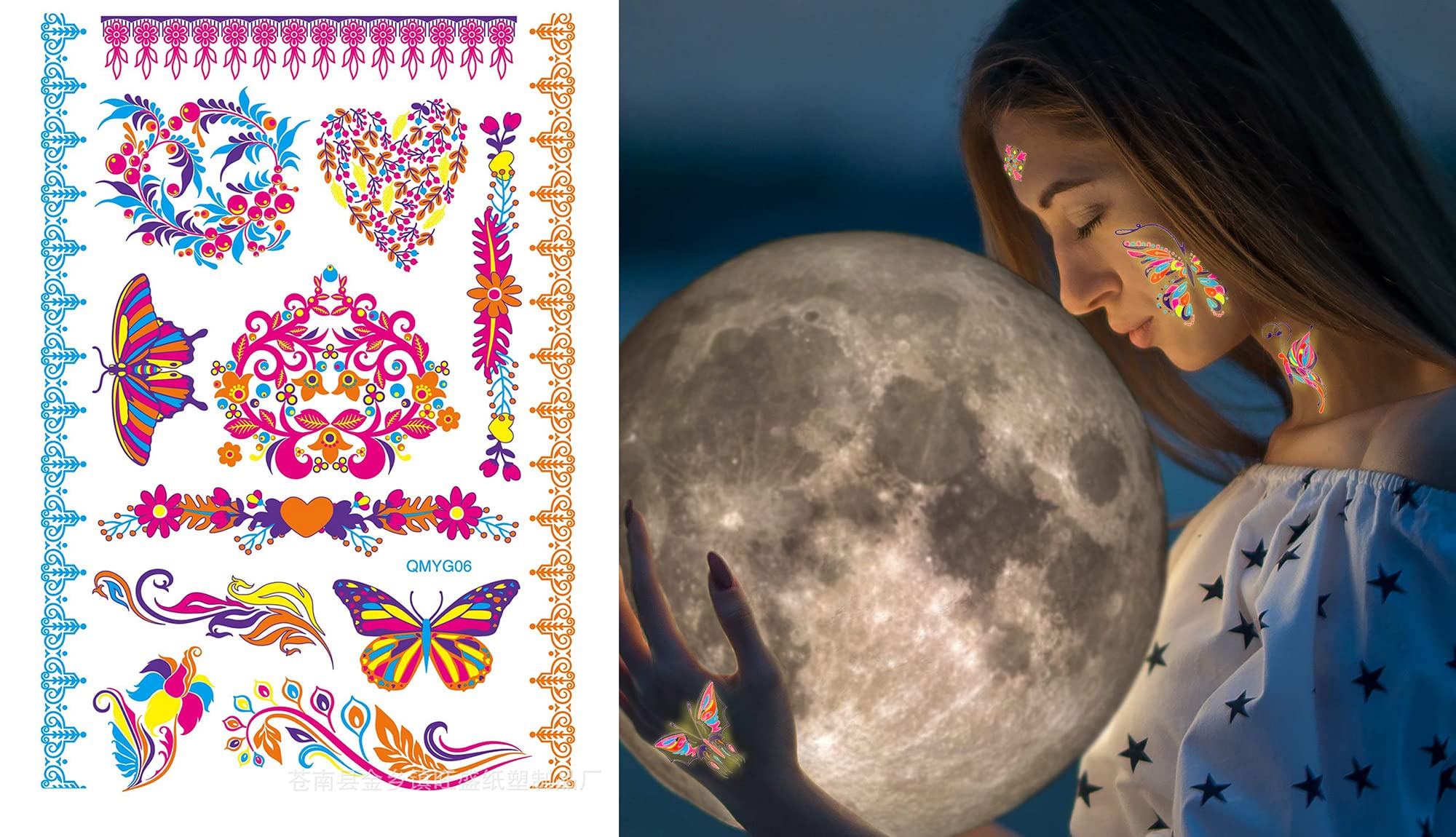 Glow in the Dark UV Neon Temporary Tattoos - Waterproof Fake Body Art Stickers for Women, Men & Kids (Heart, Flowers, Butterflies, Armband Designs) 21x15cm - Perfect for Parties, Festivals & Body Art Photography