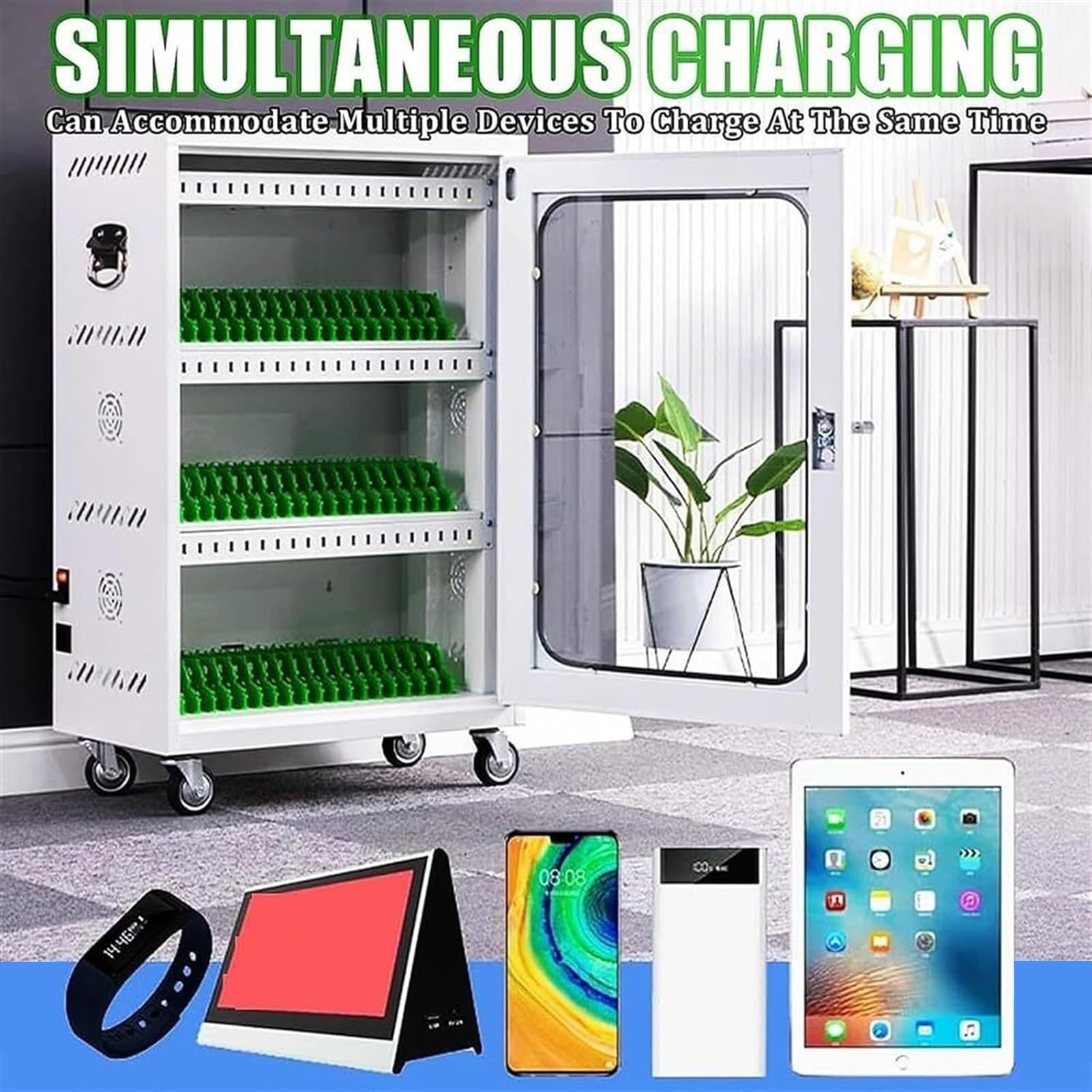 Portable Charging Station for Phones - 30-Slot Mobile Device Storage Cabinet with 4 Universal Wheels & Secure Locking | Ideal for Retail Stores, Offices, and Public Spaces