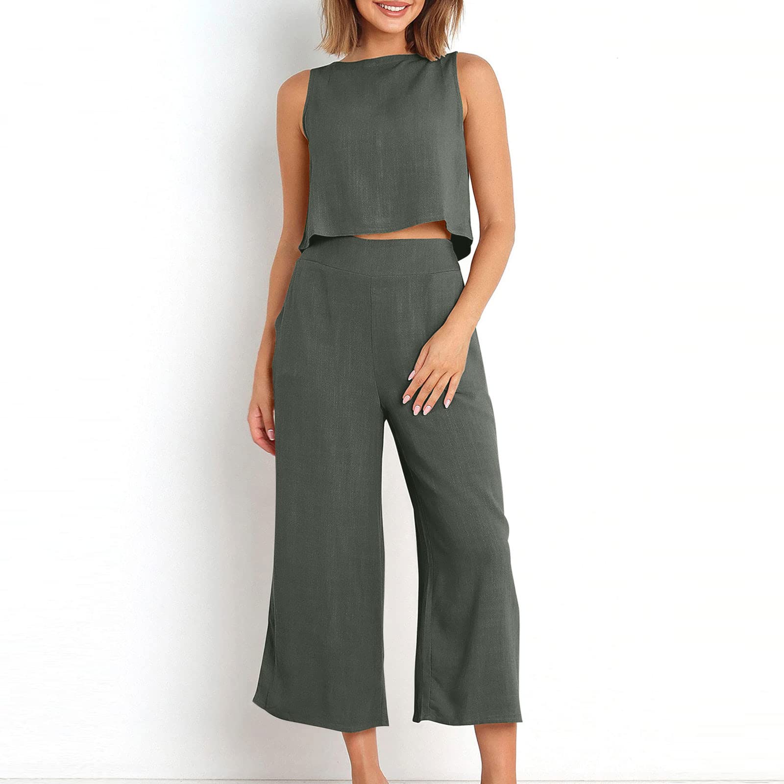 AMhomely Women's 2-Piece Outfit - Sleeveless Cotton Linen Wide Leg Pants Set with Vest Top & Back Buttons | Elegant Ladies' Pants Suit with Pockets | Perfect for Office Wear, Summer Outfits & Casual Occasions