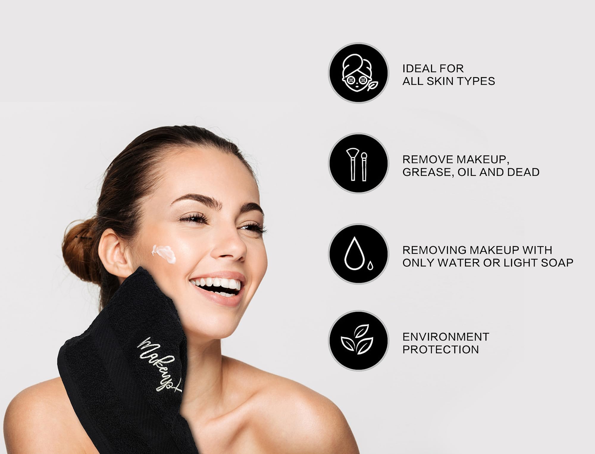 12 Pack Black Makeup Remover Towels - 12x12 Inch Super Soft 100% Cotton Facial Cleansing Cloths | Quick Dry & Highly Absorbent | Perfect for Makeup Removal, Skincare Routine & Spa Days