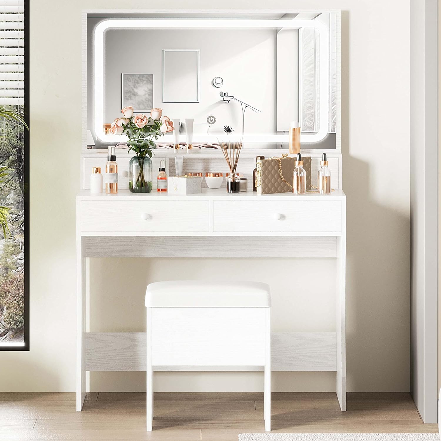 IRONCK White Vanity Desk with LED Lighted Mirror & Power Outlet - Makeup Dressing Table with 4 Drawers & Storage Bench - Perfect for Bedroom, Home Decor & Beauty Routine