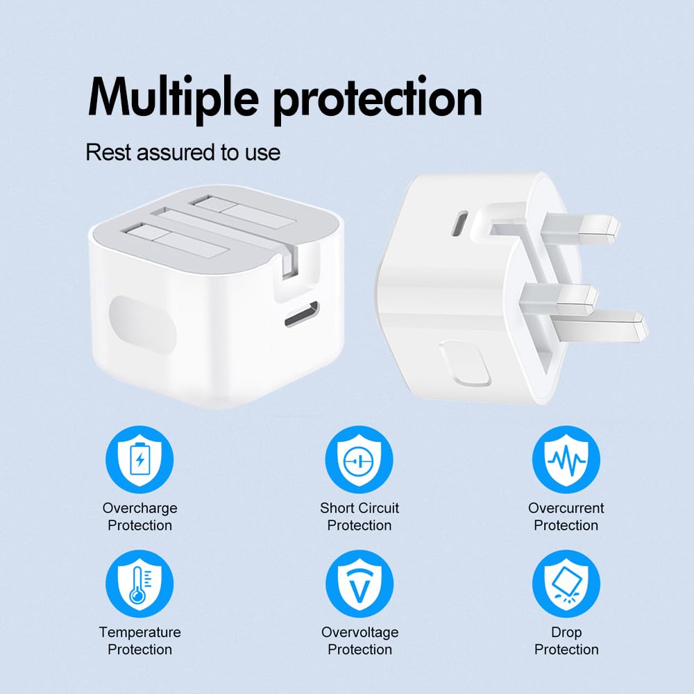 MFI Certified USB C Fast Charger 20W - 2 Pack Fast Charging Plug for iPhone 15/14/13/12/11/X, iPad, AirPods Pro - Type C Power Adapter with UK Plug | Perfect for Home, Office & Travel Charging