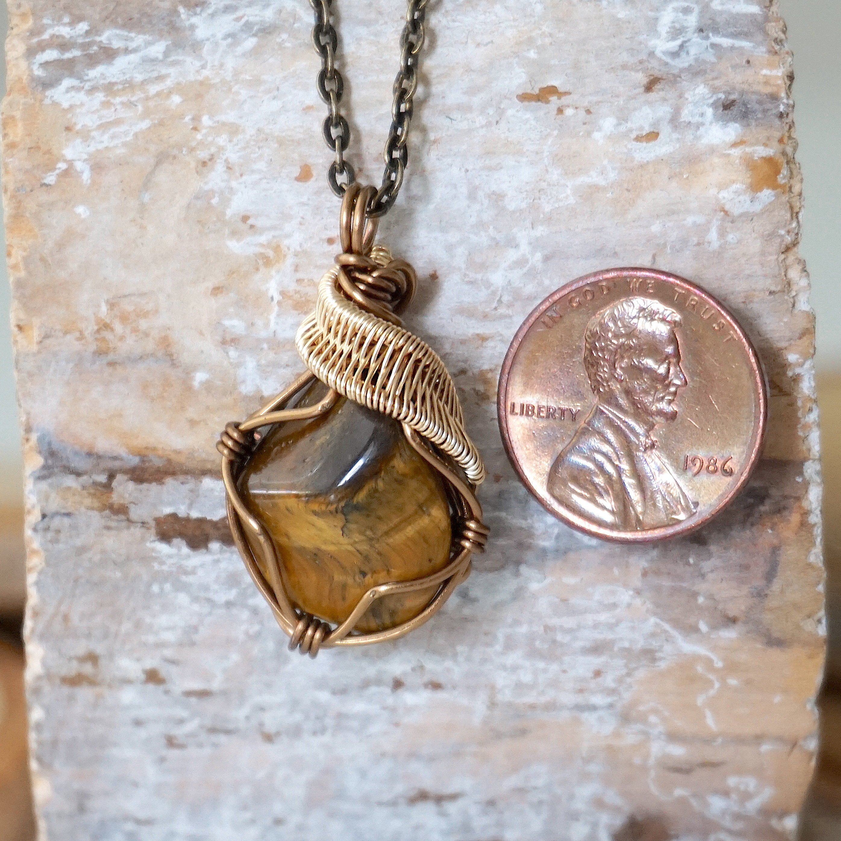 Handmade Wire Wrapped Raw Tiger's Eye Pendant Necklace - Antique Bronze & Gold Plated Jewelry for Women - Perfect for Boho Style, Spiritual Healing & Everyday Wear