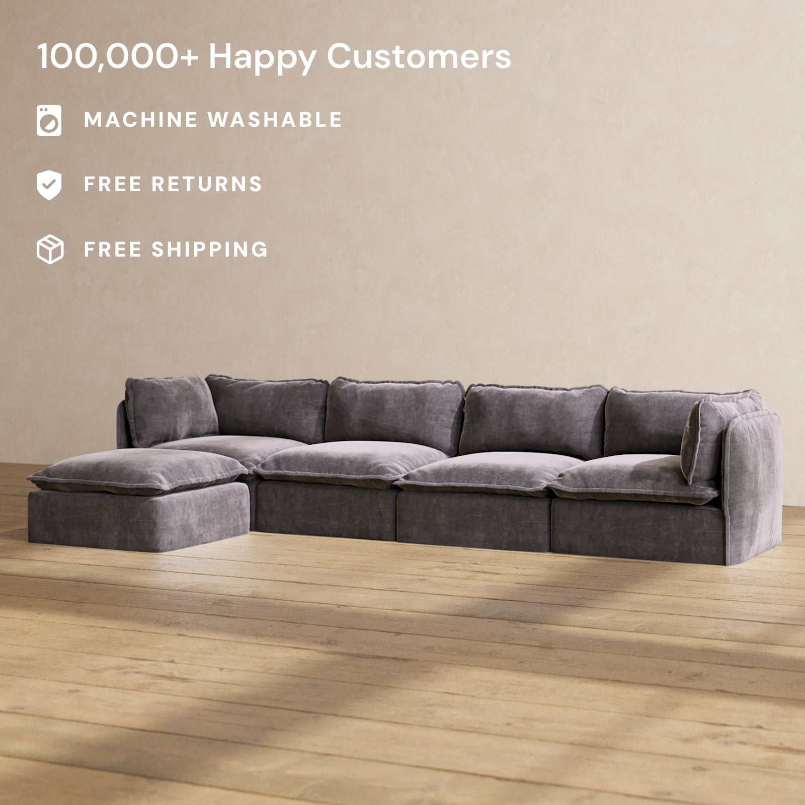 Modular Performance 4-Seater Sectional Sofa in Cinder Gray | Relaxed Blend Fabric | Perfect for Living Room, Family Room & Home Theater