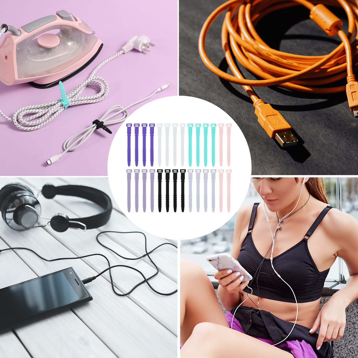 28pcs Reusable Silicone Cable Ties - 4.5inch Elastic Wire Organizer Straps for Charging Cables, USB Cables, Pens, Keychains & Earphones (7 Colors) - Perfect for Home, Office & Travel Cable Management