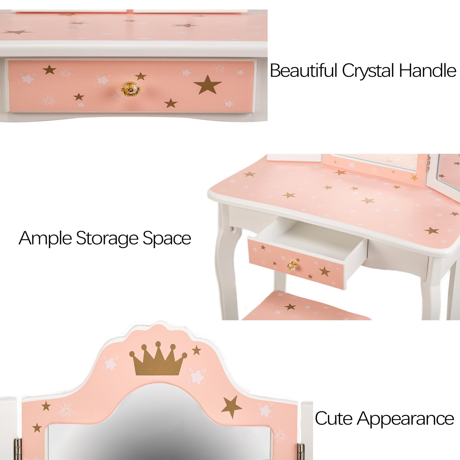 Memoryfield Kids Vanity Set - Wooden Princess Makeup Dressing Table with Mirror, Stool & Drawer | 2-in-1 Toddler Vanity Desk for Girls | Pretend Play, Birthday Gift & Bedroom Decor (Pink/White) - Perfect for Playrooms, Birthday Parties & Imaginative Play
