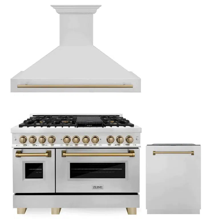 ZLINE Autograph Edition 48-inch Stainless Steel Dual Fuel Range with Range Hood & Dishwasher - Champagne Bronze Accents (3AKP RARHDWM48 CB) | Premium Kitchen Package for Modern Homes & Professional Chefs | Perfect for Gourmet Cooking & Entertaining