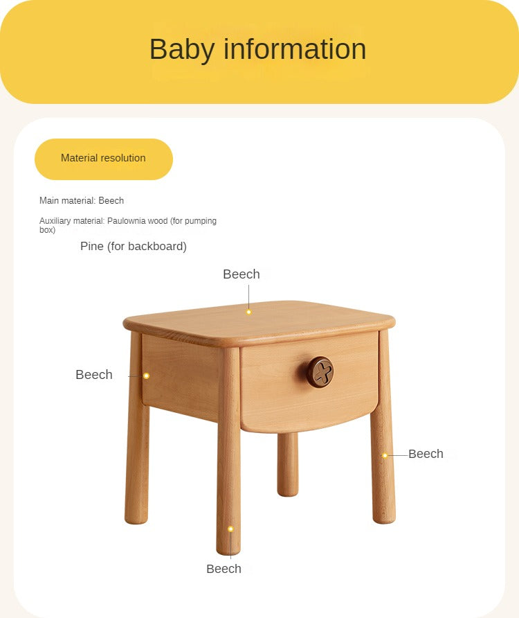 Solid Wood Modern Kids Nightstand - Beech & Rubber Wood Bedside Table for Children's Room - Perfect for Bedrooms, Nurseries, and Dorm Rooms