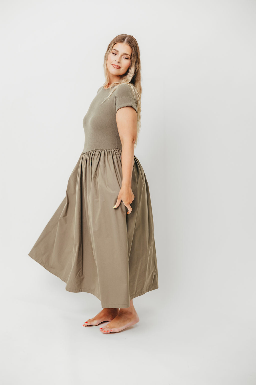 Dolores Olive Rib and Woven Skirt Combo Dress for Women | Elegant Casual Outfit for Parties, Dates & Office Wear