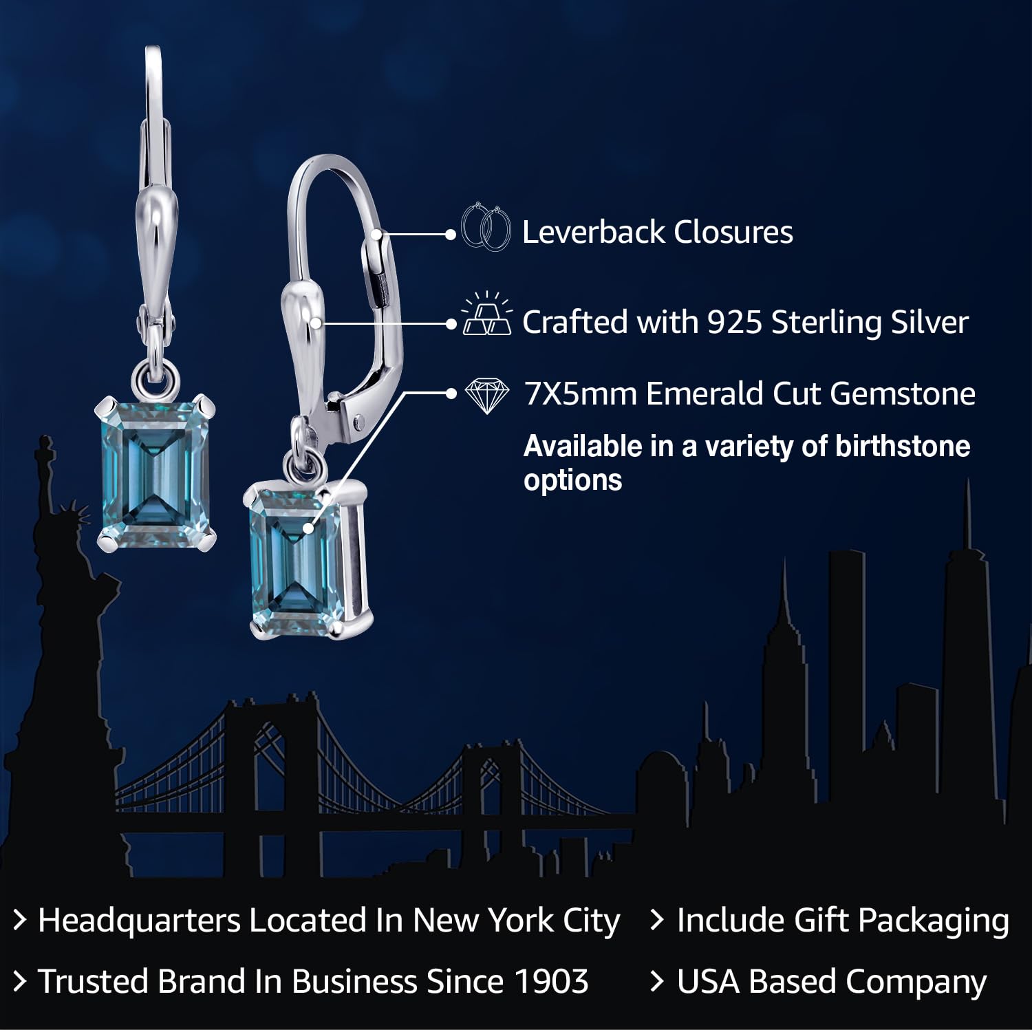 Gem Stone King 925 Sterling Silver Emerald Cut 7x5mm Birthstone Drop Dangle Earrings for Women | Leverback Design | Perfect for Weddings, Parties & Everyday Wear