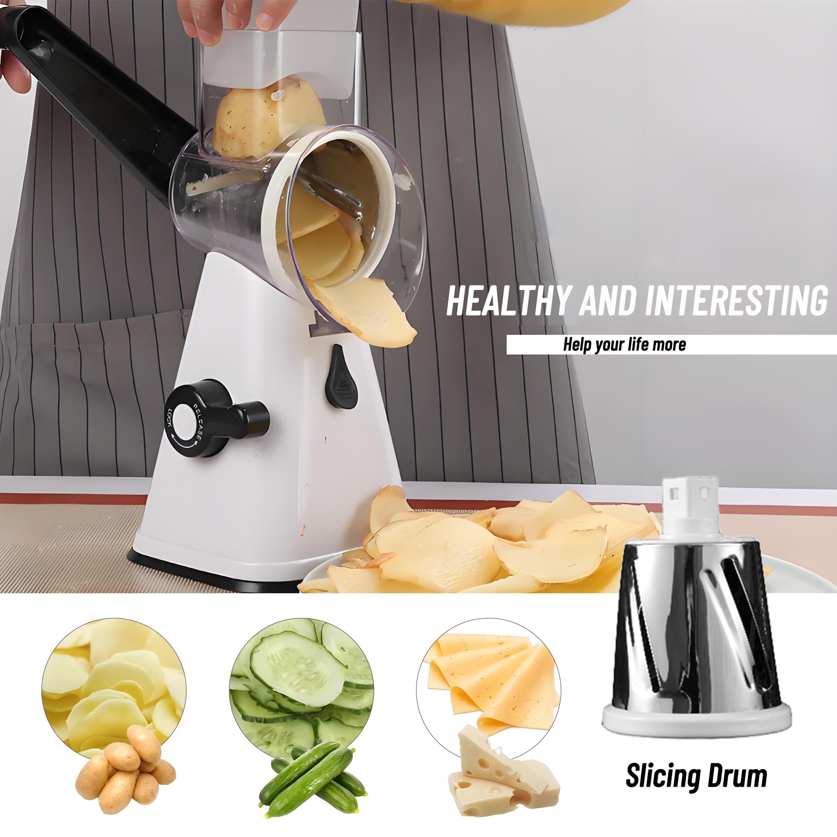 Rotary Cheese Grater with 3 Interchangeable Blades - Manual Speed Round Food Slicer & Nut Grinder with Strong Suction Base - Perfect for Cheese, Vegetables, Walnuts, Chocolate, Potatoes & Carrots (White) - Ideal for Kitchen, Camping & Food Prep