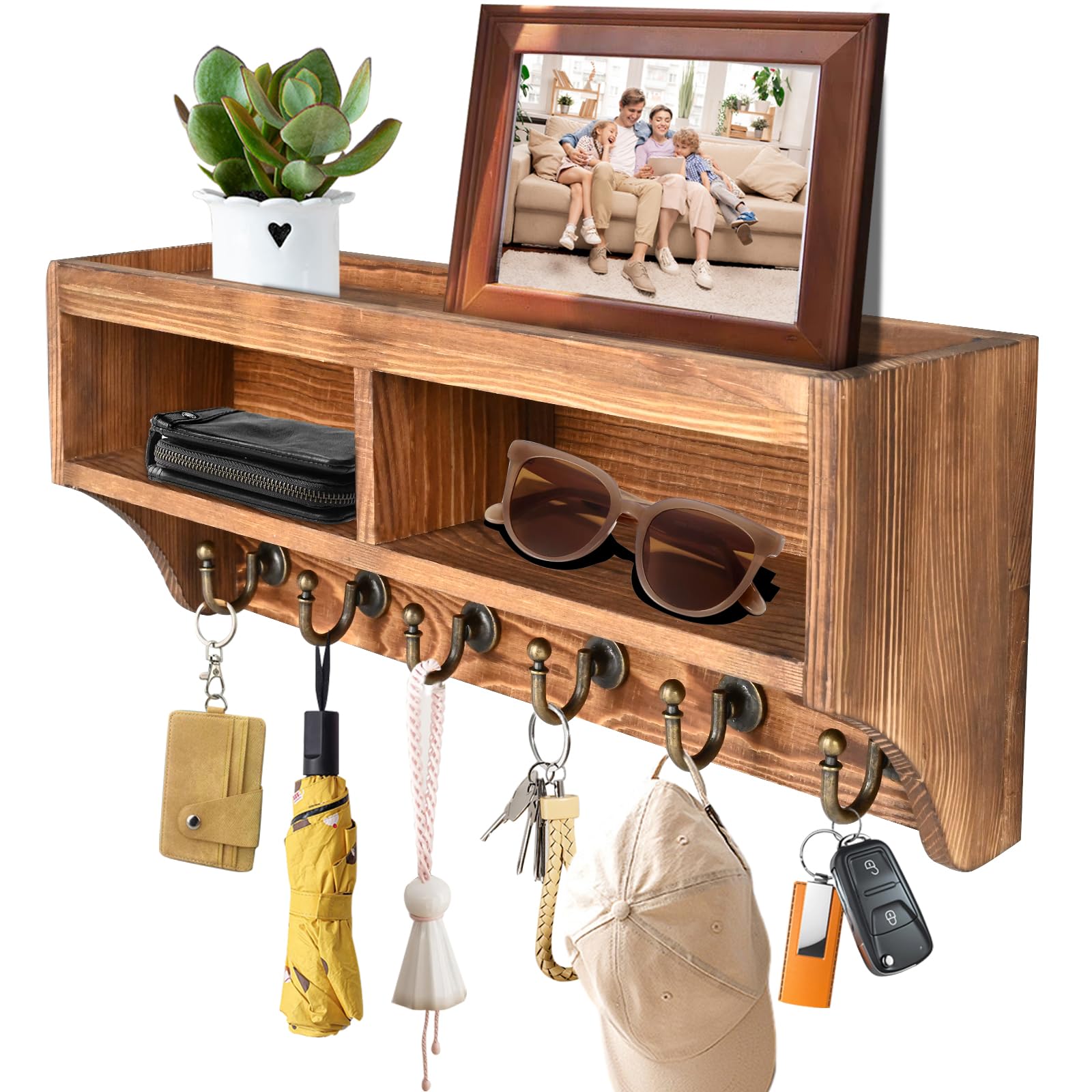 Wall Mount Key Holder with 6 Hooks & Storage Box - Mail Organizer, Sunglasses Storage & Dog Leash Holder - Rustic Farmhouse Entryway Organizer for Home, Apartment & Office Decor
