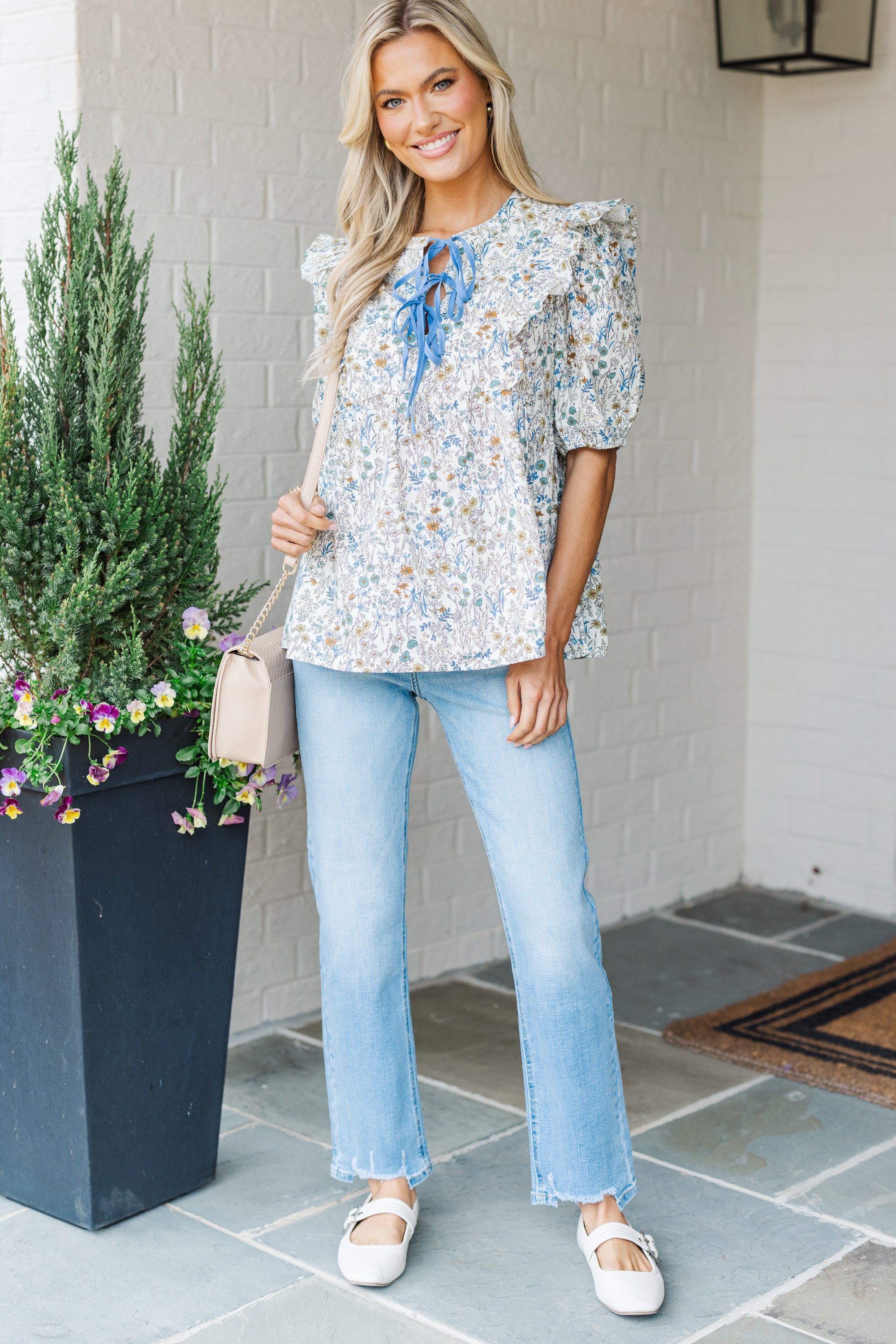 Stylish Blue Ditsy Floral Blouse for Women | Trendy Floral Print Top | Perfect for Casual Wear, Office Outfits & Spring Fashion