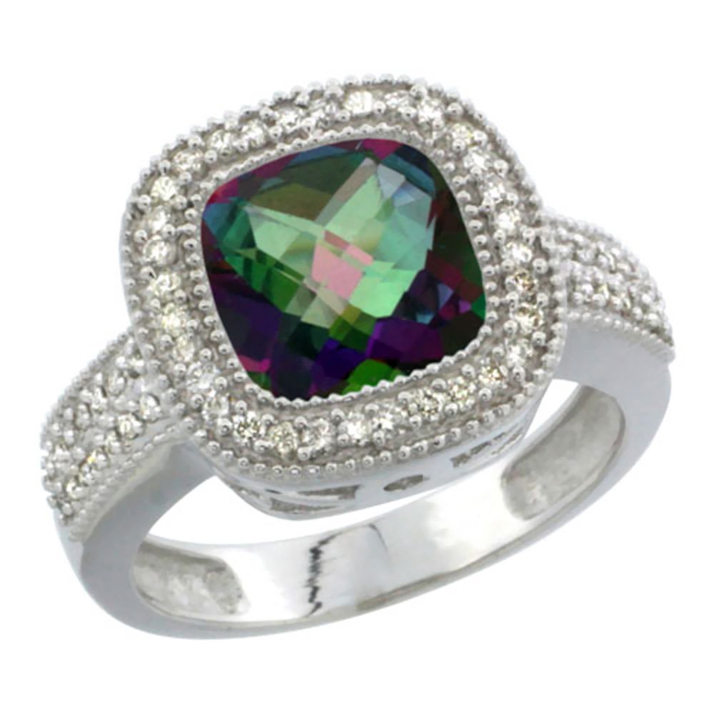 14K White Gold Natural Mystic Topaz Ring with Diamond Accent - Cushion Cut 9x9mm, Size 5-10, Elegant Wedding, Engagement & Anniversary Jewelry Gift for Women