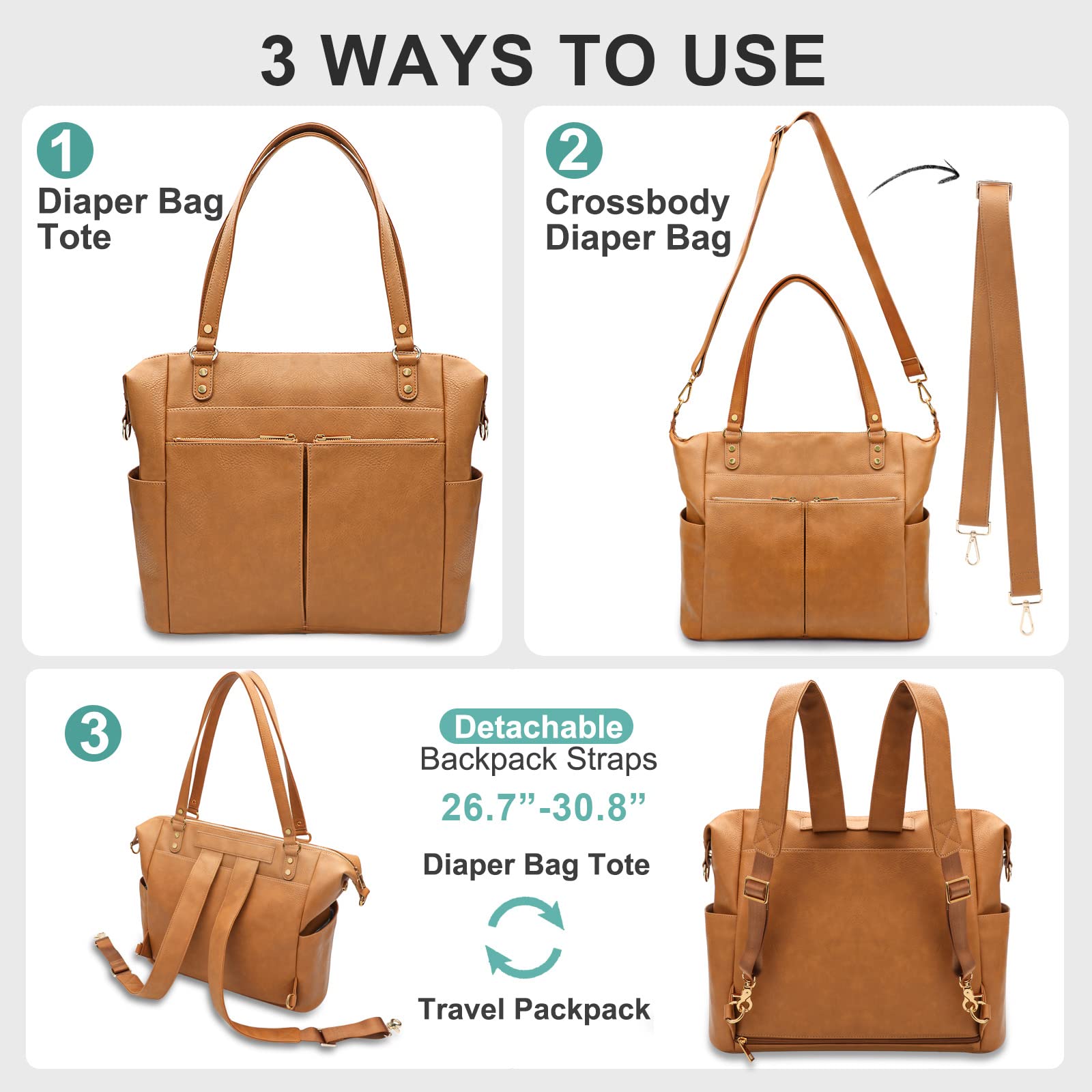 Premium MOMINSIDE Diaper Bag Tote with 14 Pockets & 4 Insulated Pockets - Large Unisex Baby Changing Station Backpack for Parents - Perfect for Travel, Daycare & Family Outings (Brown)