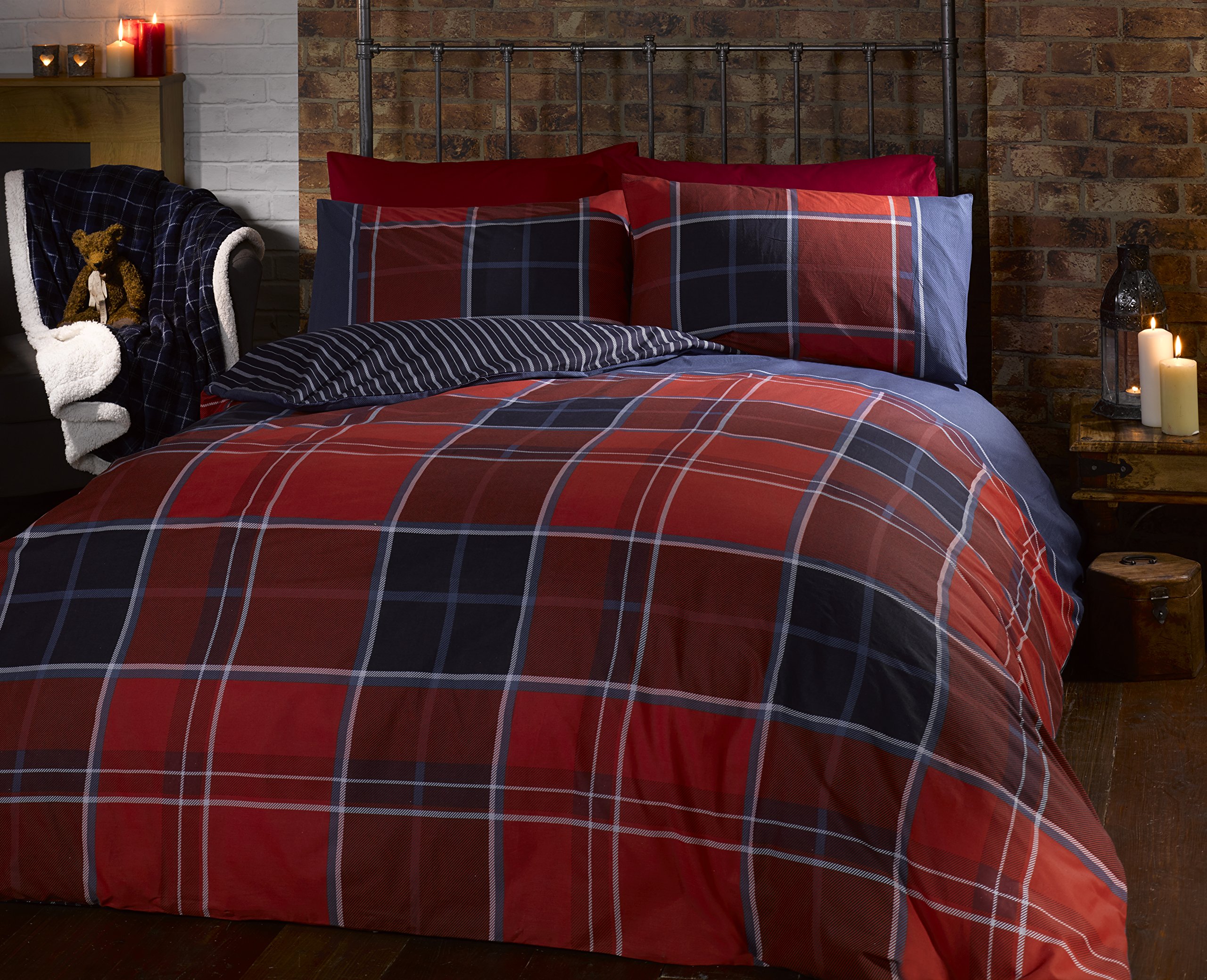 Argyle Tartan Red King Duvet Cover Set - Soft Luxury Bedding for Master Bedroom - Perfect for Winter Warmth & Cozy Home Decor