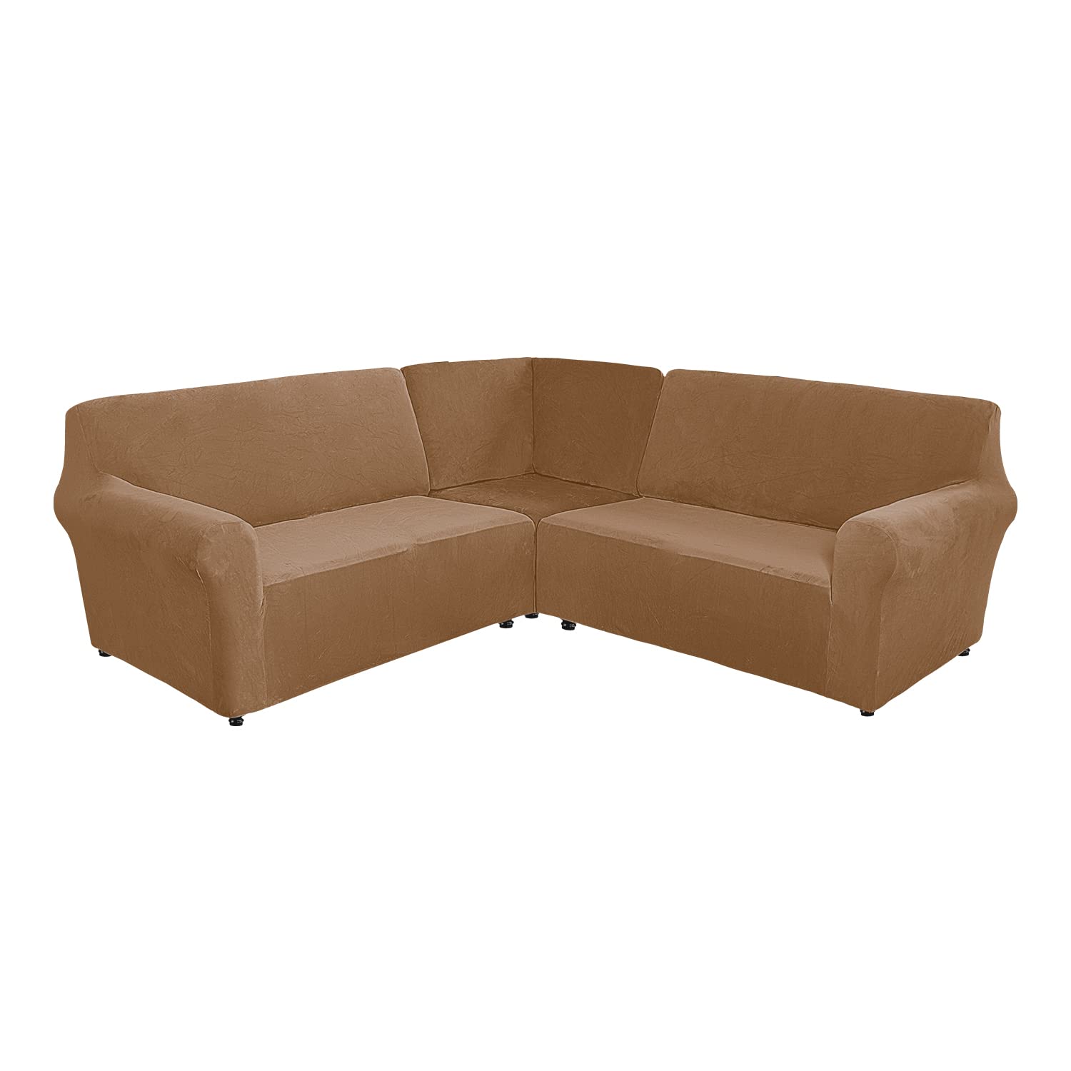 ELEOPTION 5-Piece L-Shaped Sectional Sofa Cover - Stretch Velvet Slipcover for Corner Couch, Soft Washable Furniture Protector in Khaki - Perfect for Living Room, Family Room, and Home Theater Seating