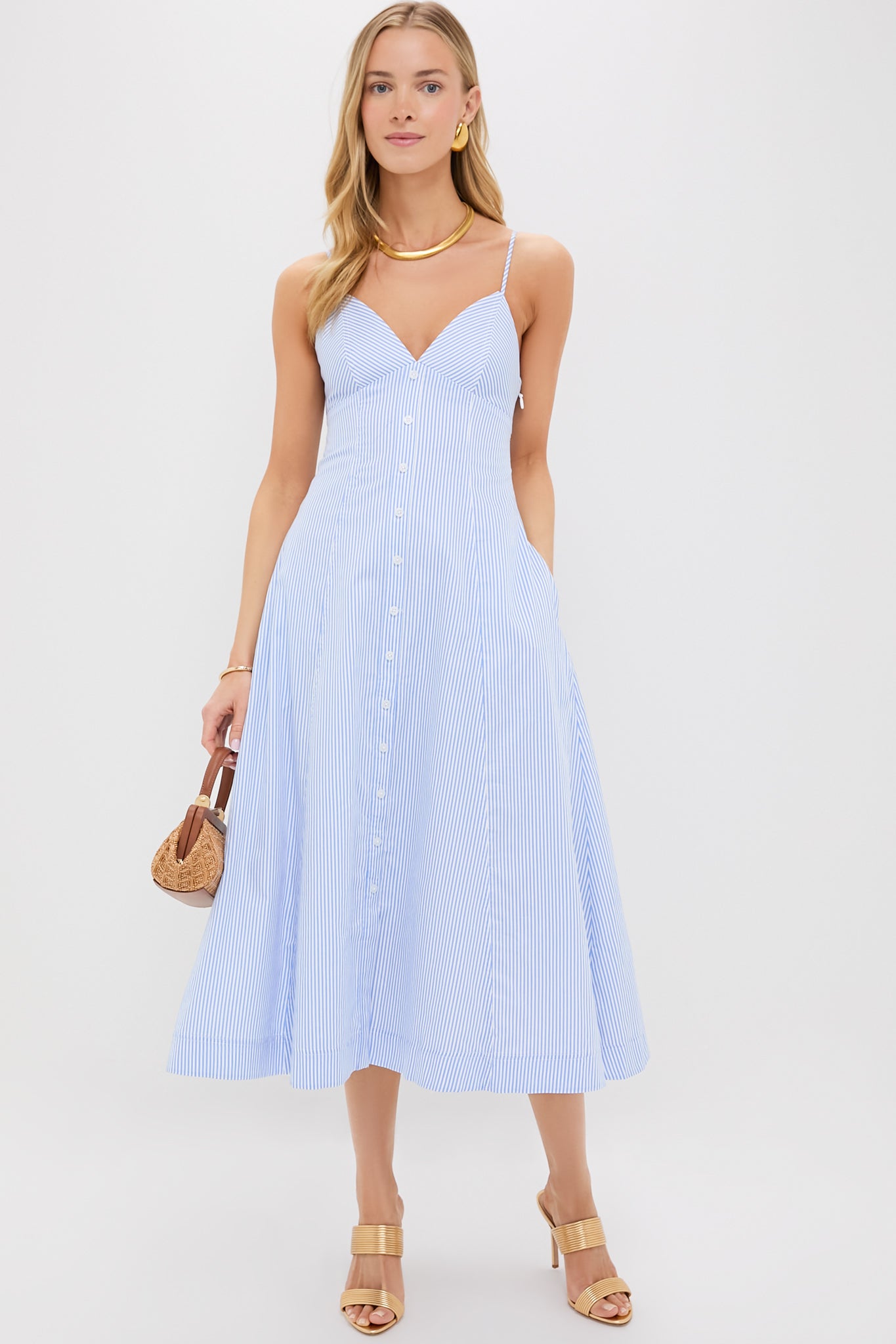 Blue Hydrangea Stripe Honor Cami Midi Dress - Women's Floral Summer Dress for Beach Vacation & Date Night Outfits