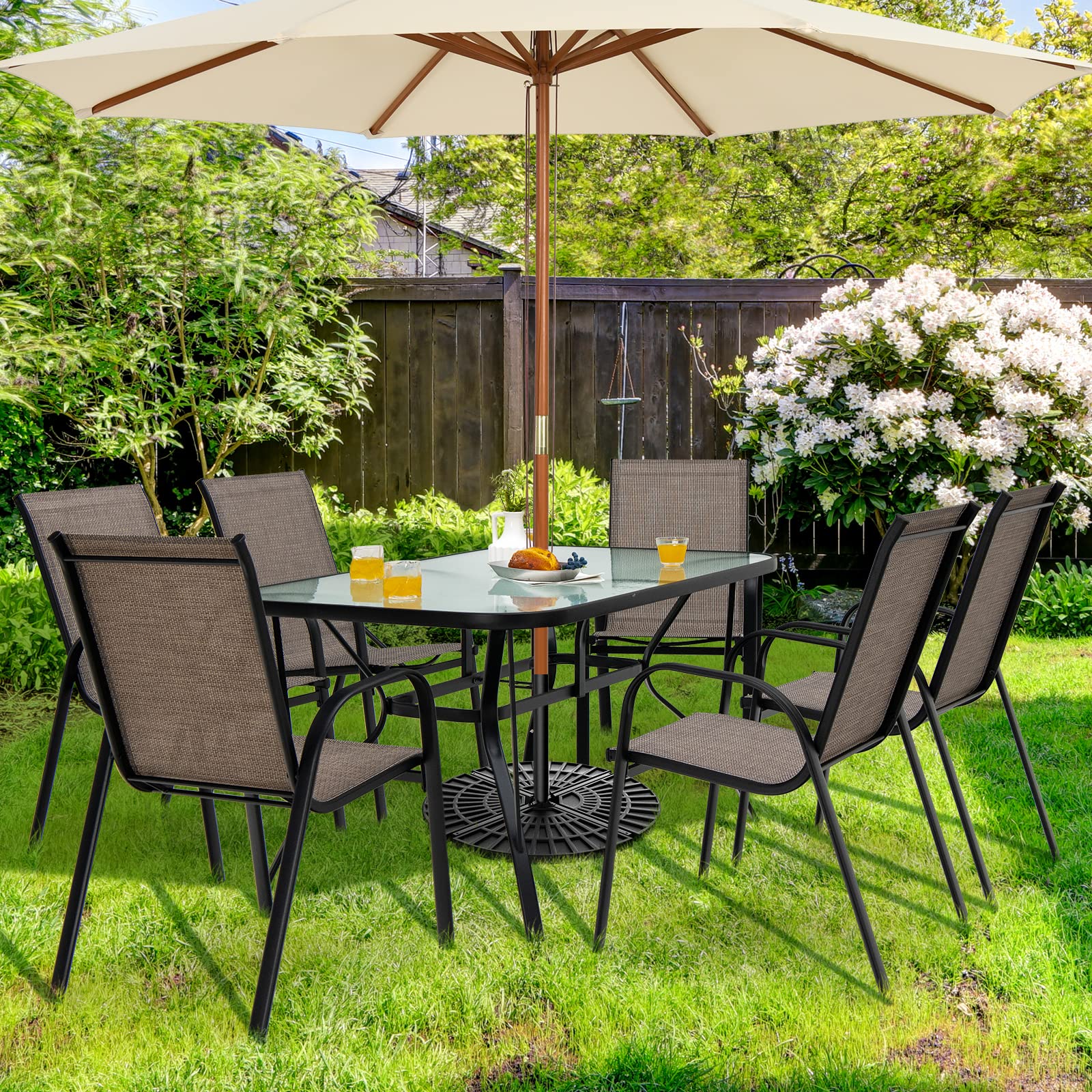 Tangkula 55-Inch Rectangle Patio Dining Table for 6 with Umbrella Hole - Tempered Glass Top & Steel Frame - Outdoor Dining Set for Backyard, Poolside, Balcony, Garden Parties & BBQ Gatherings