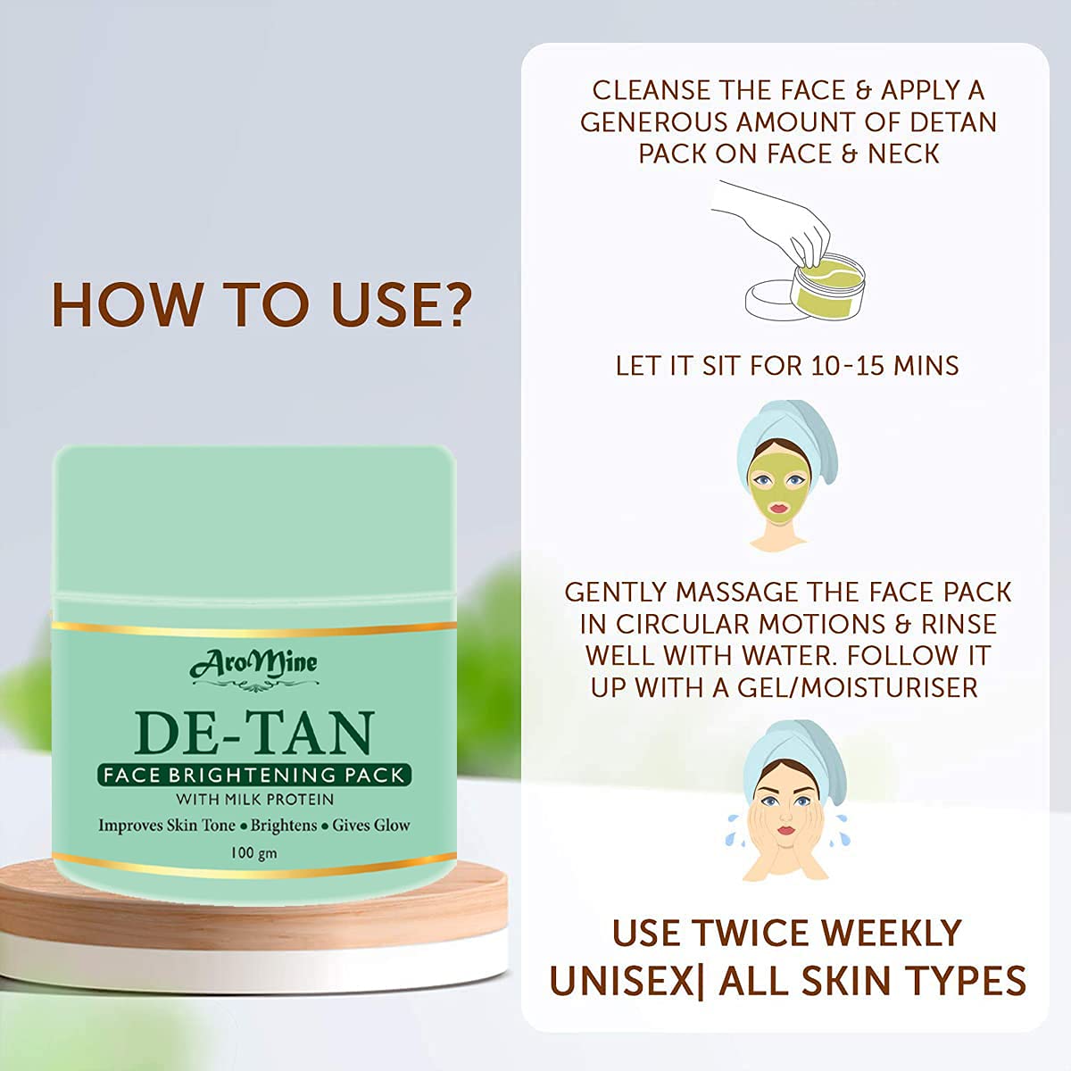AroMine DeTan Face Pack - Skin Brightening & Tan Removal Face Mask for Glowing Skin | Oil Control, Acne Treatment, Pigmentation Reduction | Brightening Facial Mask for Women & Men (100g) - Perfect for Daily Skincare Routine & Post-Sun Care