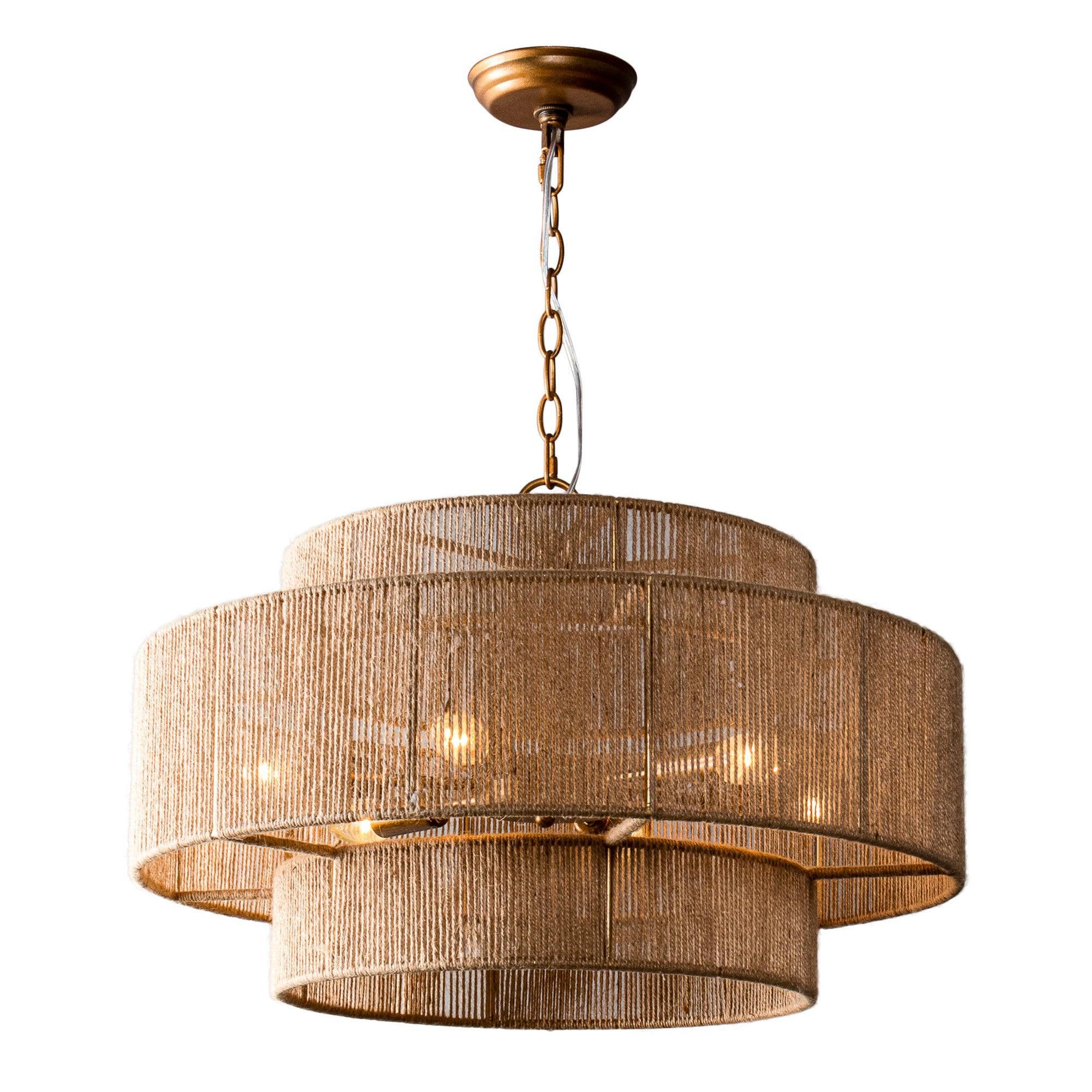 Bohemian Antique Gold 6-Light Drum Chandelier with Natural Rope Shade - Rustic Ceiling Light Fixture for Dining Room, Living Room & Bedroom