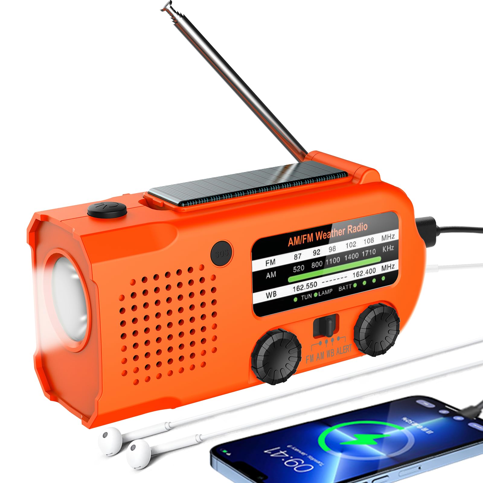 Emergency Hand Crank Solar NOAA AM/FM Weather Radio with 5000mAh Power Bank, USB Charging, SOS Alarm, Flashlight & Reading Lamp - Perfect for Camping, Hiking, Survival Kits and Home Emergency Preparedness