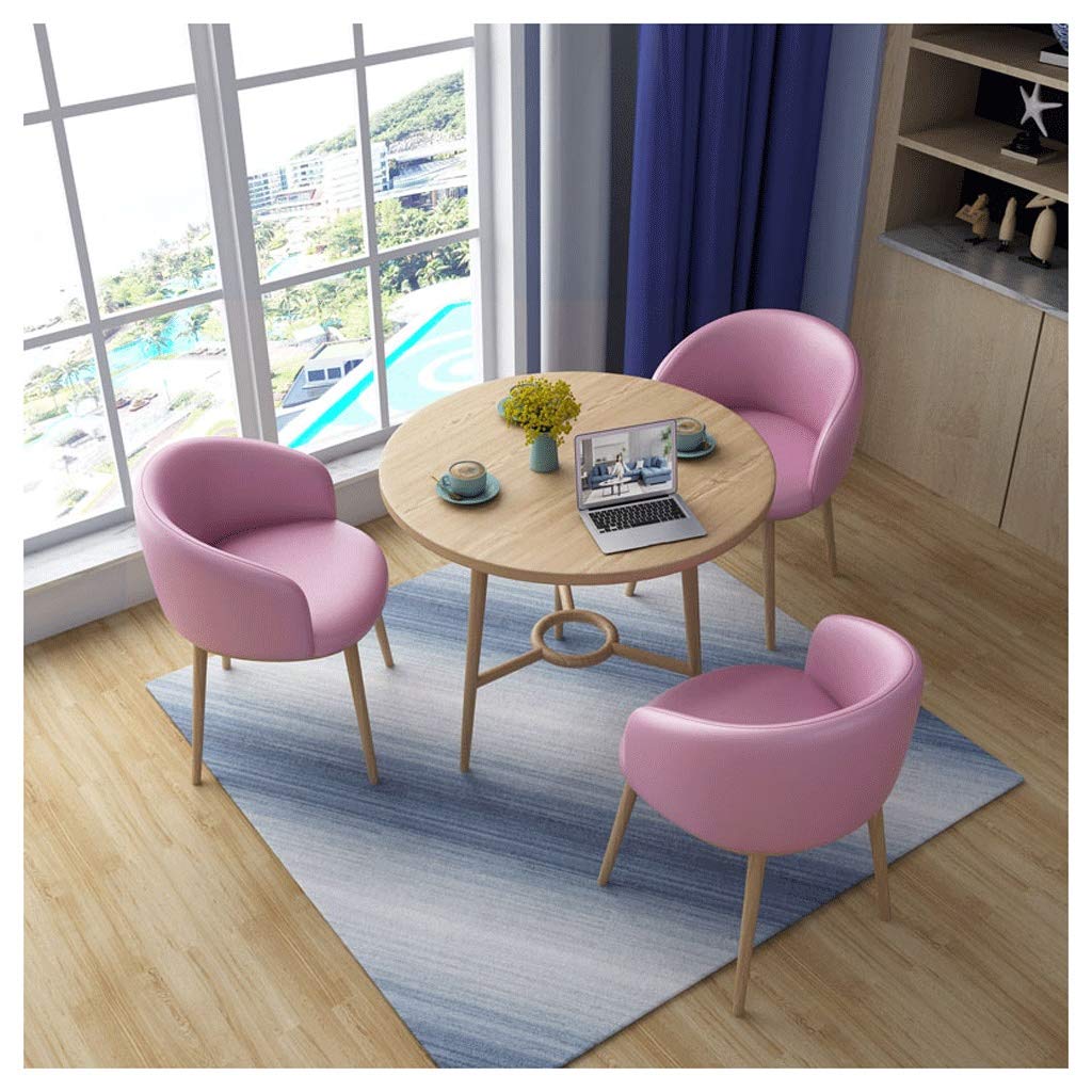 Modern Minimalist 80cm Round Wood Dining Table Set with 3 Chairs - Pink Leather Seating for Home, Kitchen, Living Room, Office & Cafe | Compact Space-Saving Design for Small Apartments & Cozy Dining Areas