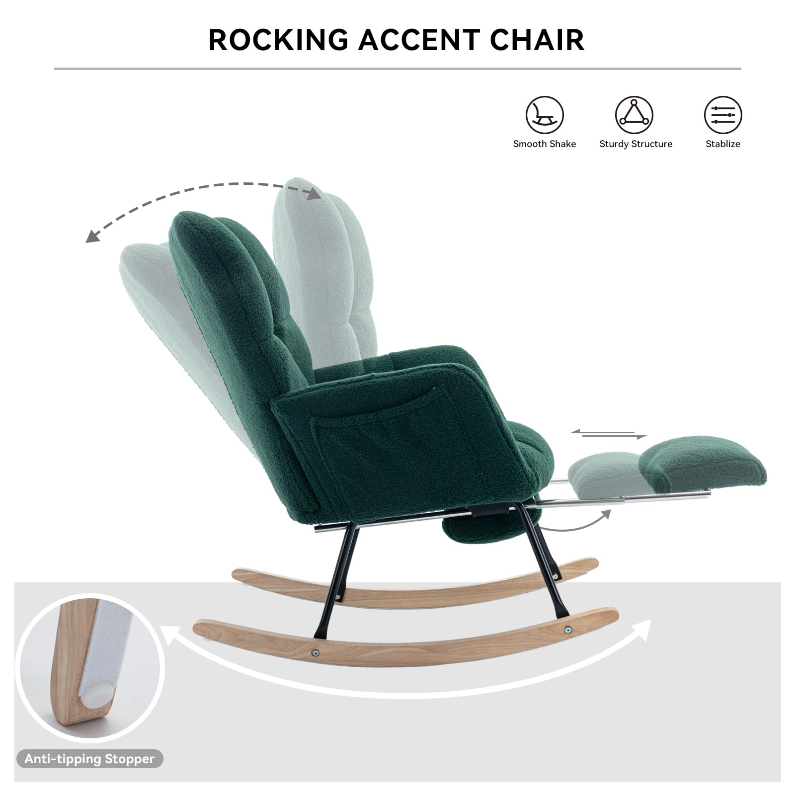 FOXHUNTER Nursery Rocking Chair - Teddy Upholstered Glider Recliner with Adjustable Footrest, High Back Support & Plush Padding - Perfect for Nursing, Reading & Relaxing in Bedroom, Nursery or Living Room (Green)
