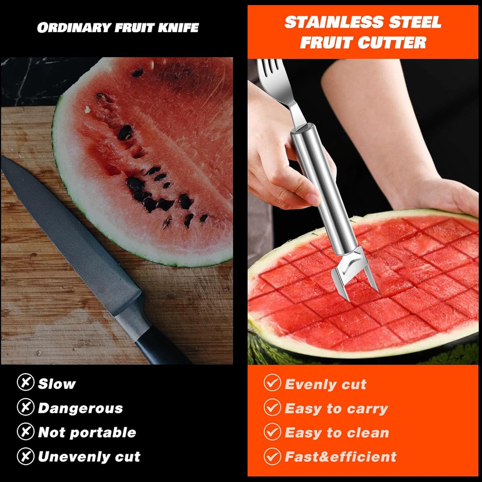 2Pcs 2024 New Stainless Steel Watermelon Cutter & Slicer - 2-in-1 Dual Head Fruit Knife & Fork for Watermelon, Melon, Pineapple - Summer BBQ, Picnic, Party Essential Kitchen Tool (Silver)