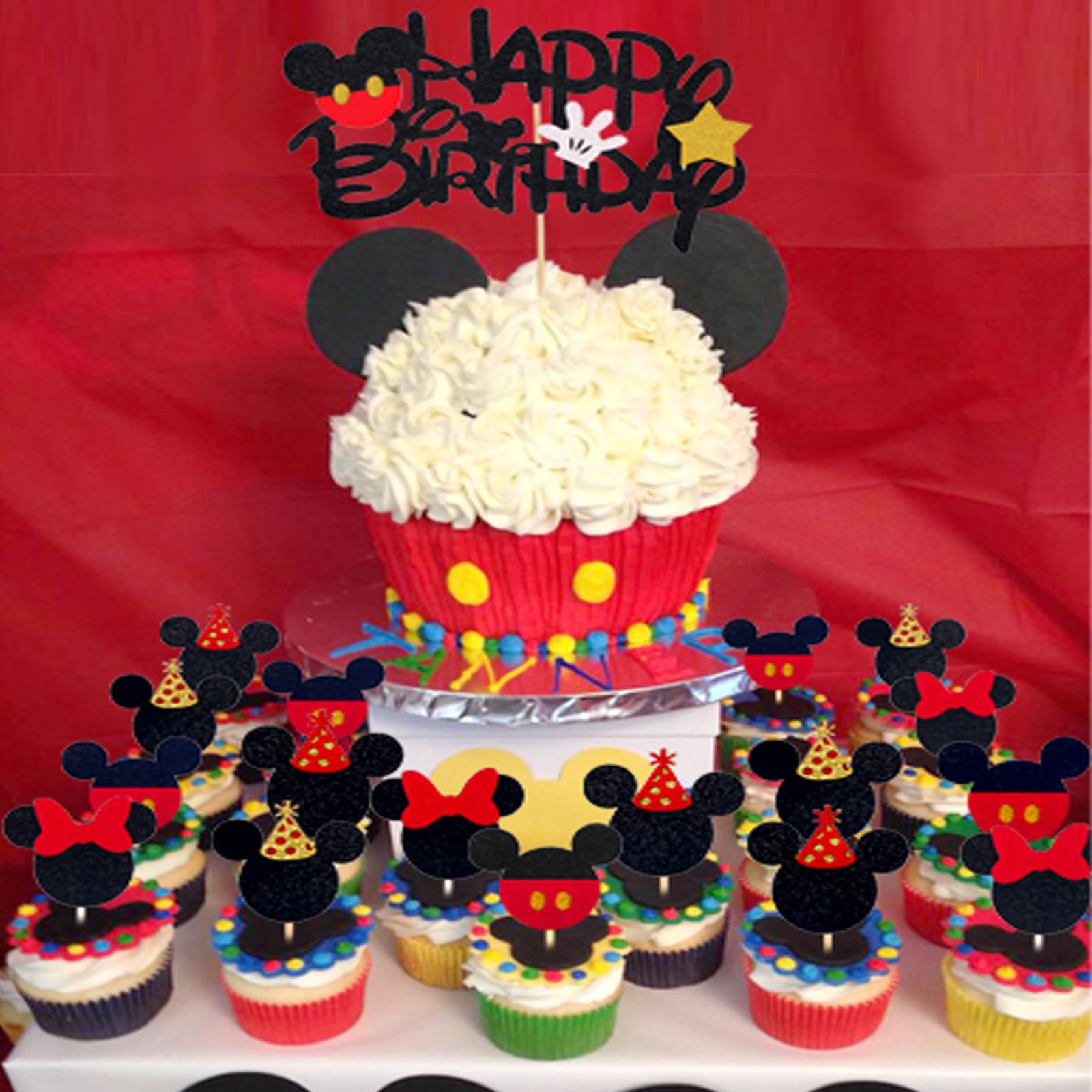 25Pcs Mickey Mouse Cake Toppers - Gold Star Glitter Cupcake Decorations with White Gloves for Birthday Party Supplies | Perfect for Birthday Cakes, Baby Showers & Disney Themed Celebrations