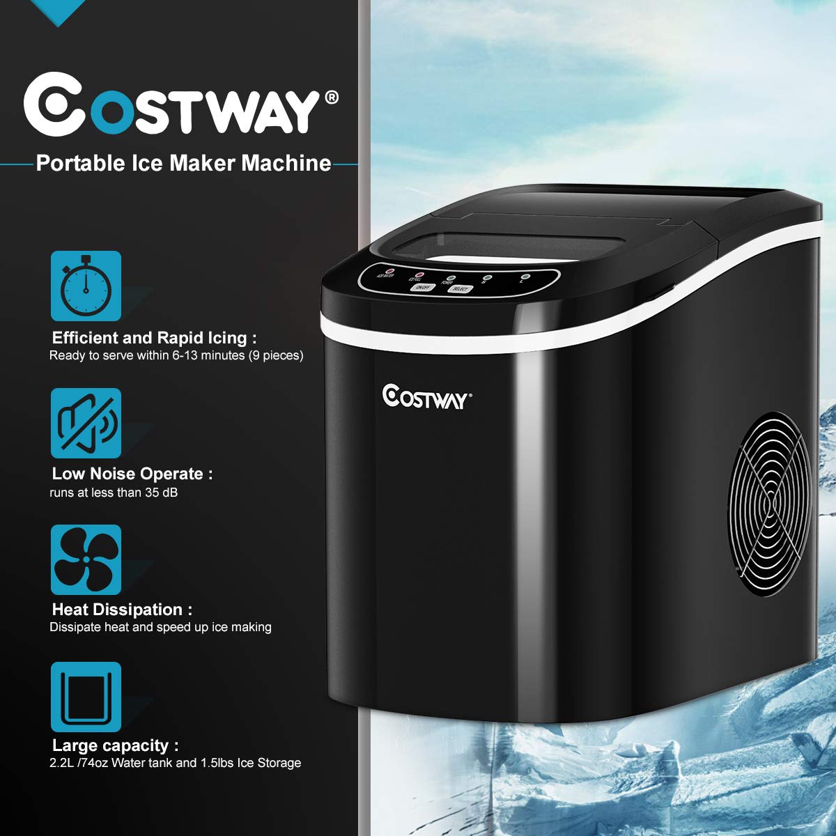 COSTWAY 26LBS/24H Portable Countertop Ice Maker Machine - Fast 6-Minute Ice Cubes, Compact & Efficient with Ice Scoop - Perfect for Home, Kitchen, Office, Parties & Outdoor Use - Black