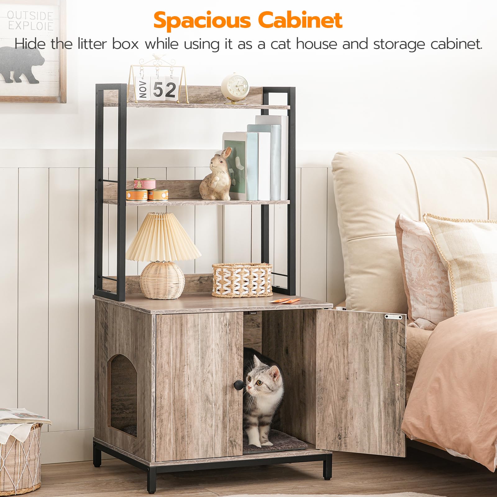 HOOBRO Wooden Cat Litter Box Enclosure with Shelves & Doors - Large Hidden Litter Box Furniture Cabinet for Most Litter Boxes, 23.6