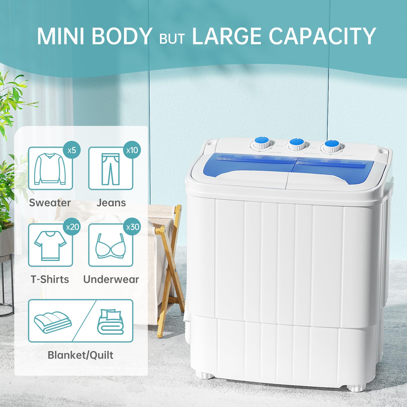 Superday 2-in-1 Portable Washing Machine with Spin Dryer - 15lbs Compact Mini Twin Tub Washer for Camping, Apartments, Dorms, RV & Delicates - Blue | Perfect for Small Spaces & Travel Laundry Needs