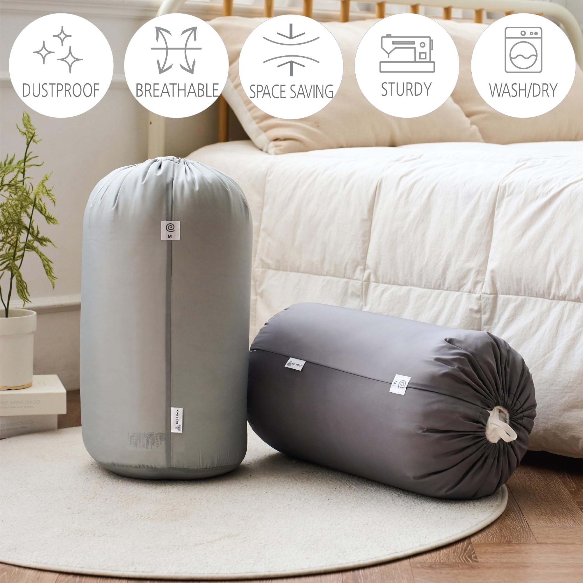 Roll & Stack Storage Bags for Comforters, Blankets & Clothes - XL 80L Space Saving Organizer (2-Pack, White) | Dustproof, Washable Premium Fabric for Closet & Underbed Storage | Perfect for Seasonal Clothing & Home Organization