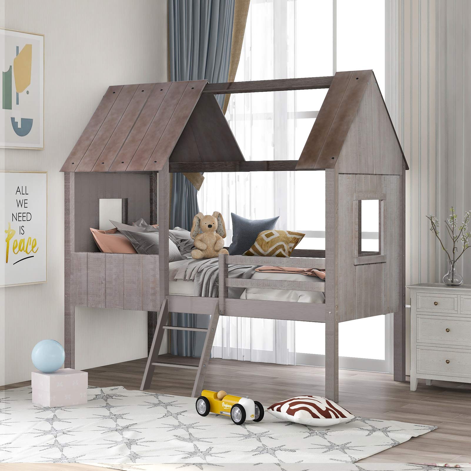 **Sturdy Wood Low Loft Bed with Roof & Safety Rails for Kids & Teens - Fun House Design, No Box Spring Needed, Grey - Perfect for Small Bedrooms, Playrooms & Dorm Decor**