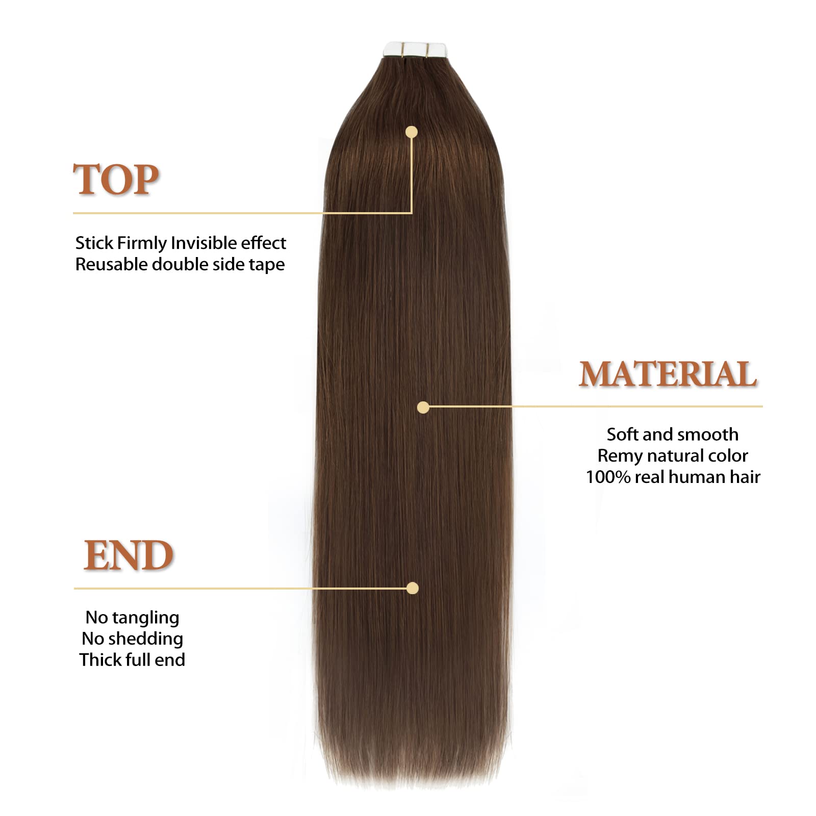 20 Pcs 50g Dark Brown Invisible Soft Human Hair Tape-in Extensions - Double Sided Remy Hair for Natural Look & Easy Application - Perfect for Daily Styling, Volume Boosting & Special Occasions