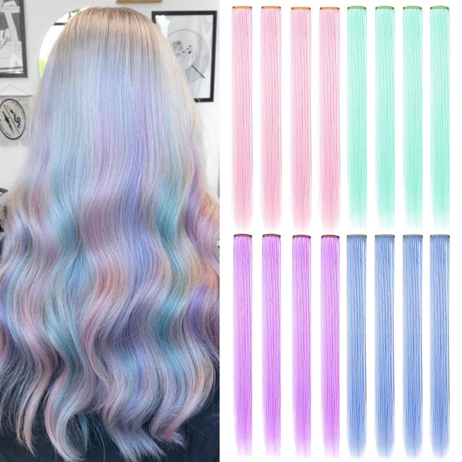 12 PCS Princess Party Highlight Colored Hair Extensions for Girls - Light Green, Pink, Blue & Purple Clip-in Wigs | Perfect for Cosplay, Halloween & Costume Parties