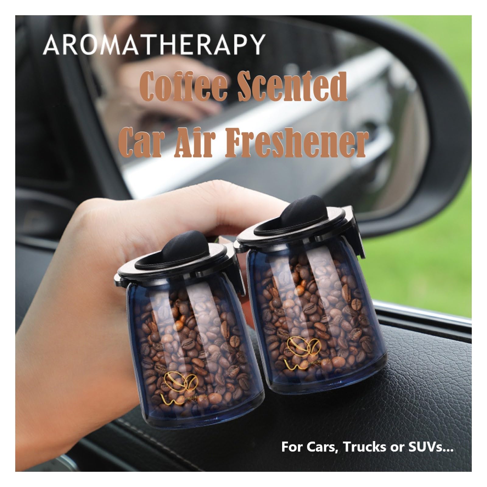 Premium Coffee Scented Car Air Freshener with Vent Clip - 2 Pack Refillable Natural Coffee Bean Fragrance, Eliminates Odors & Freshens Vehicle - Perfect Car Accessory Gift for Men & Women (Latte Scent) - Ideal for Commuting, Road Trips & New Cars