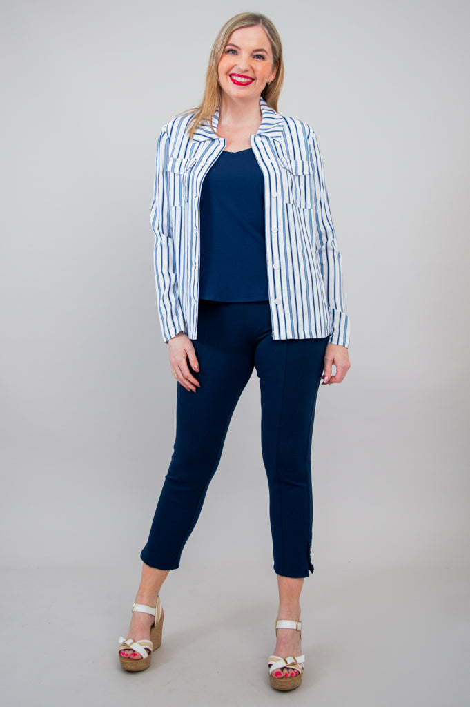 Lauren Jacket for Women - Indigo Stripe Linen Bamboo Blend Lightweight Cardigan - Perfect for Spring, Summer & Casual Office Wear