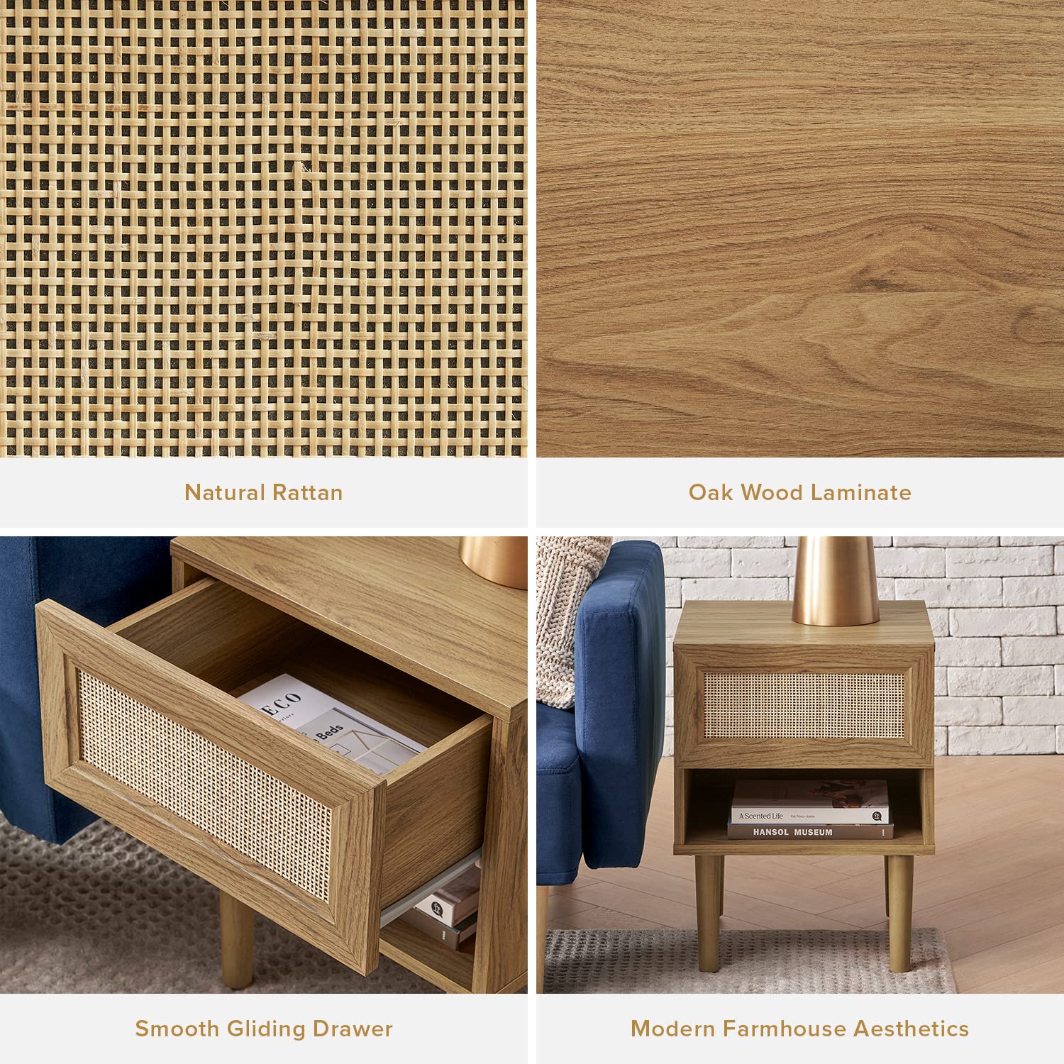 Haylee Night Stand - Modern Boho Farmhouse Bedside Table with Storage Drawers, Small End Table for Living Room & Bedroom - Solid Oak Wood Nightstand (Perfect for Reading Nook, Guest Room or Apartment Decor)