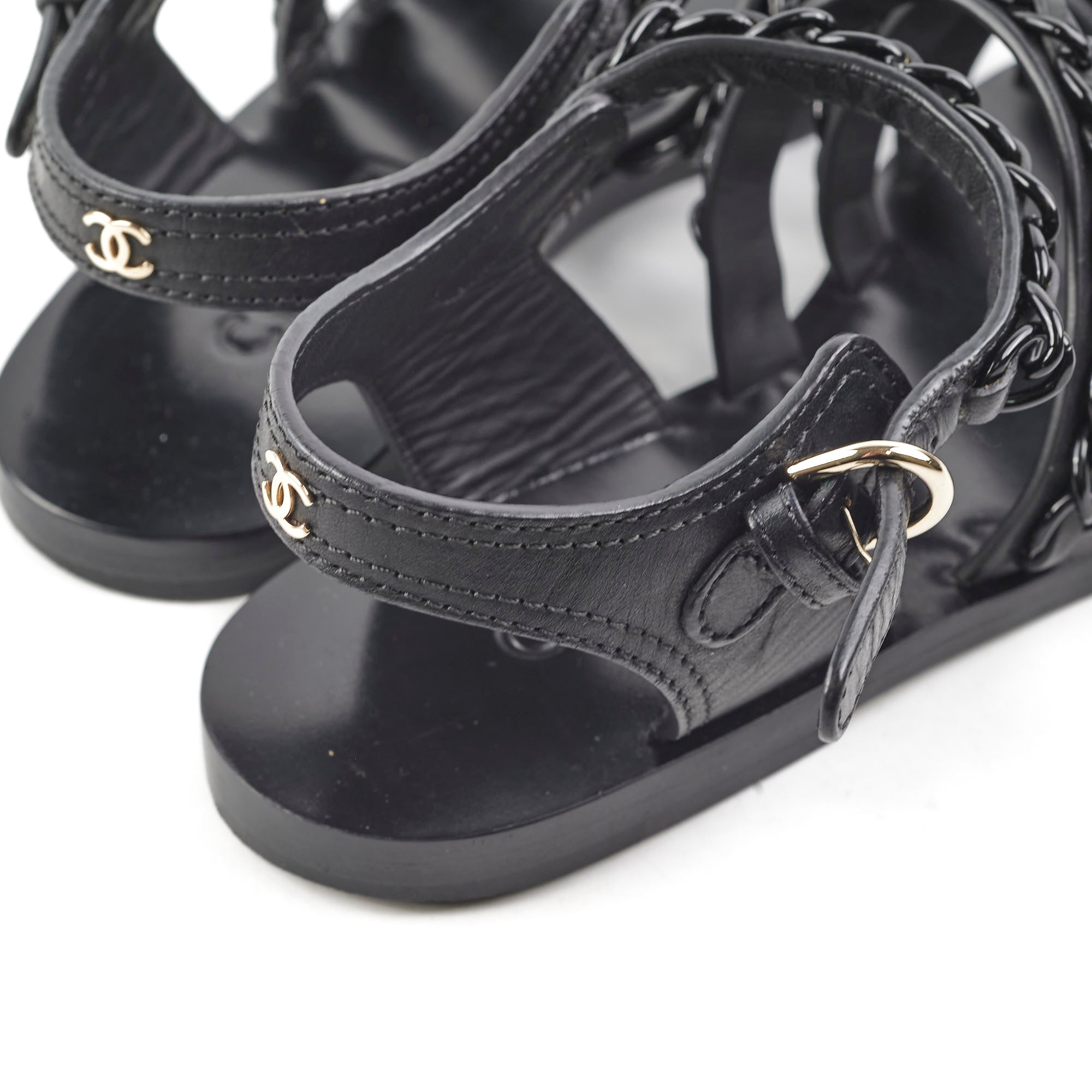 Chanel Black Leather Chain Strap Sandals Size 36 - Luxury Women's Summer Shoes for Beach, Party & Evening Wear